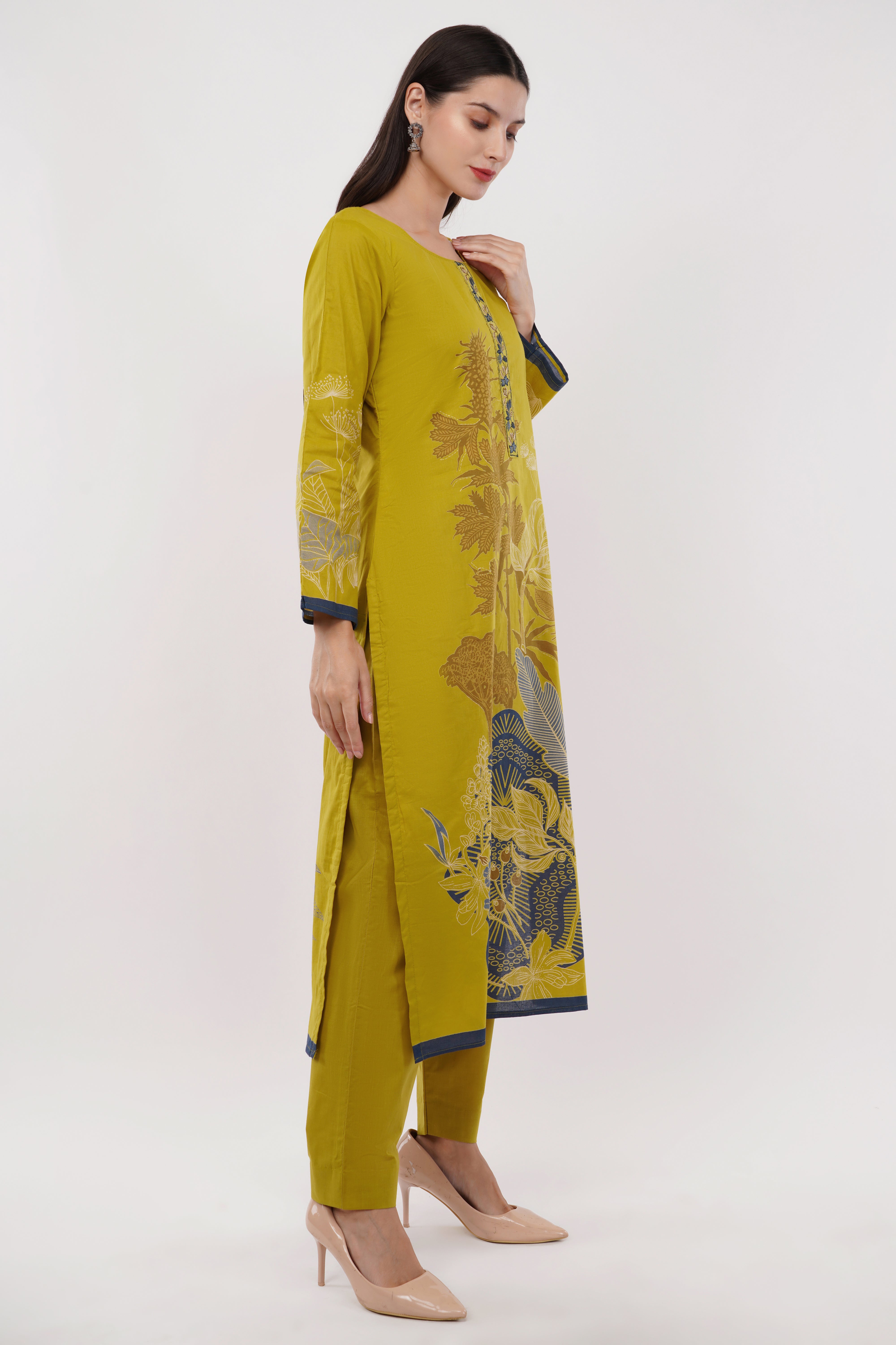Printed & Embroidered Mustard Suit Set - Set Of 3