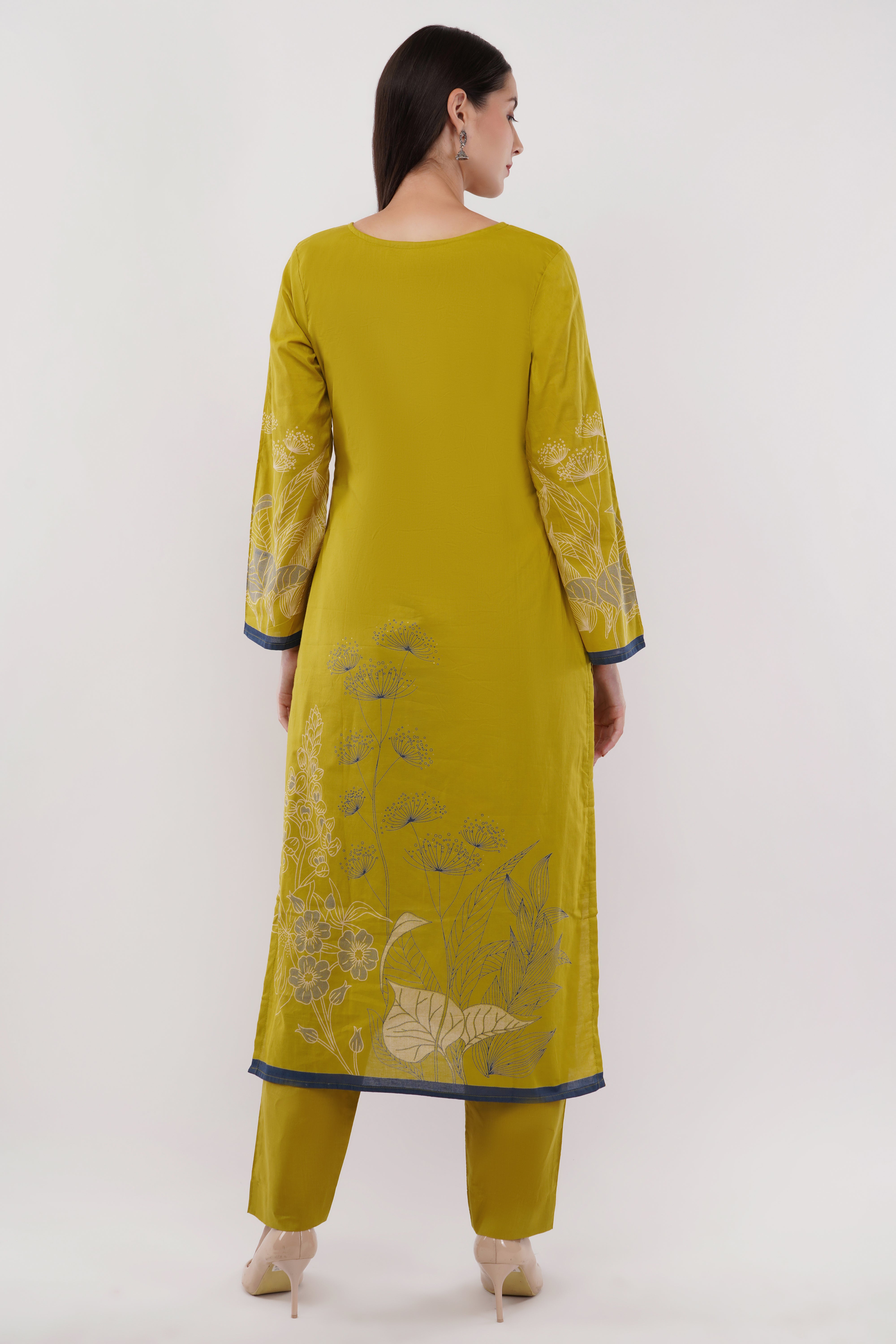 Printed & Embroidered Mustard Suit Set - Set Of 3