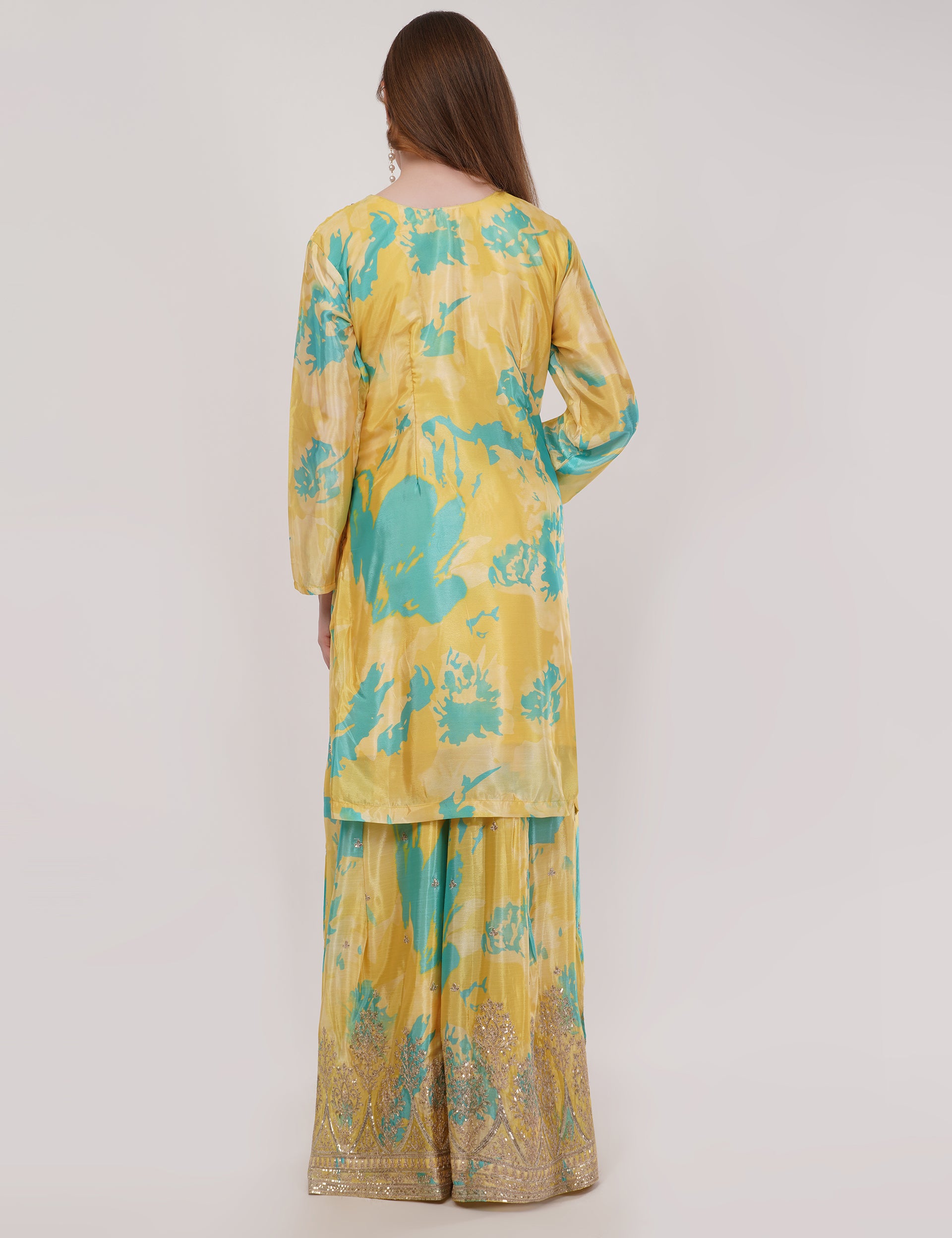 Mustard Printed Short Suit With Flared Sharara Pants & Dupatta - Set Of 3