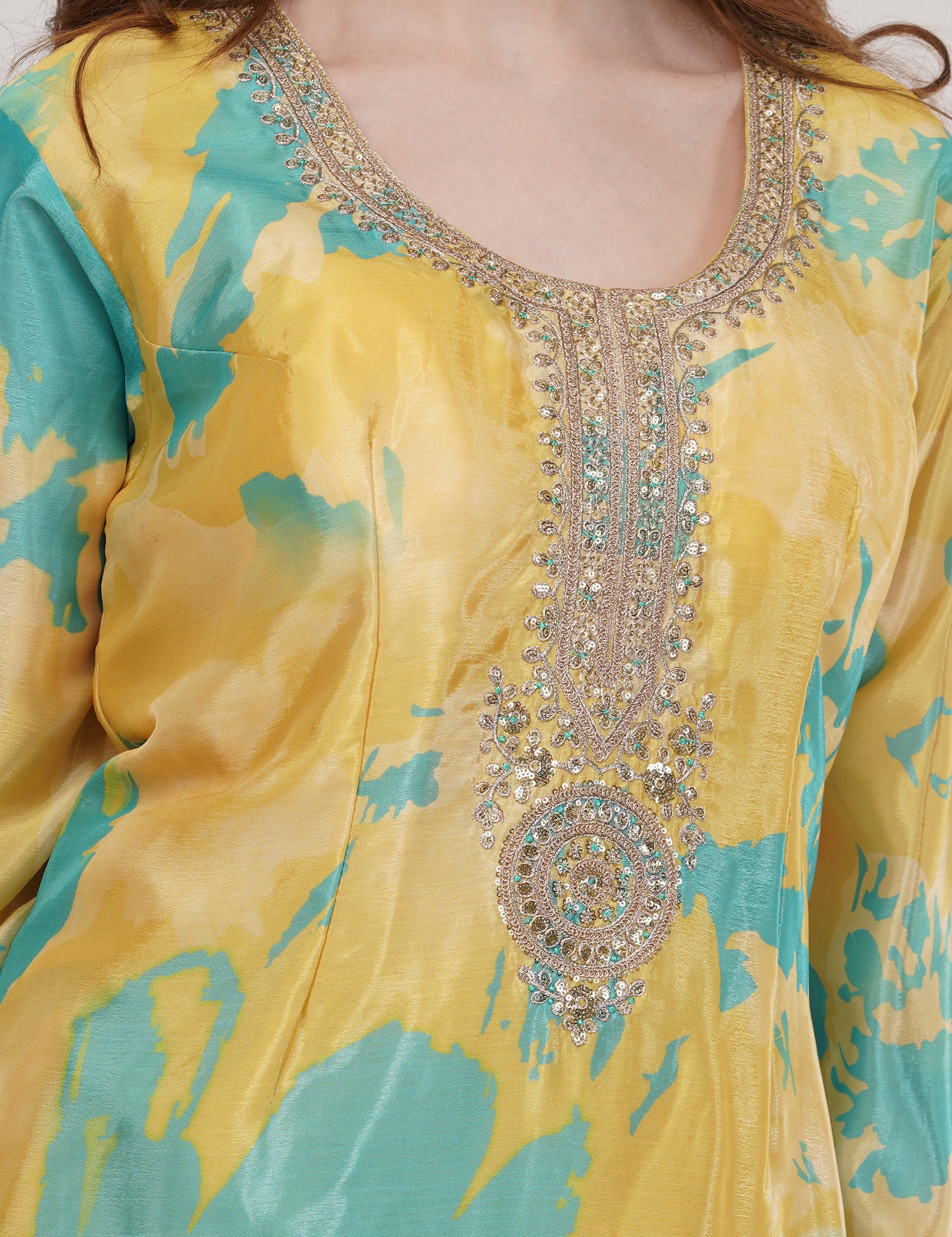 Mustard Printed Short Suit With Flared Sharara Pants & Dupatta - Set Of 3