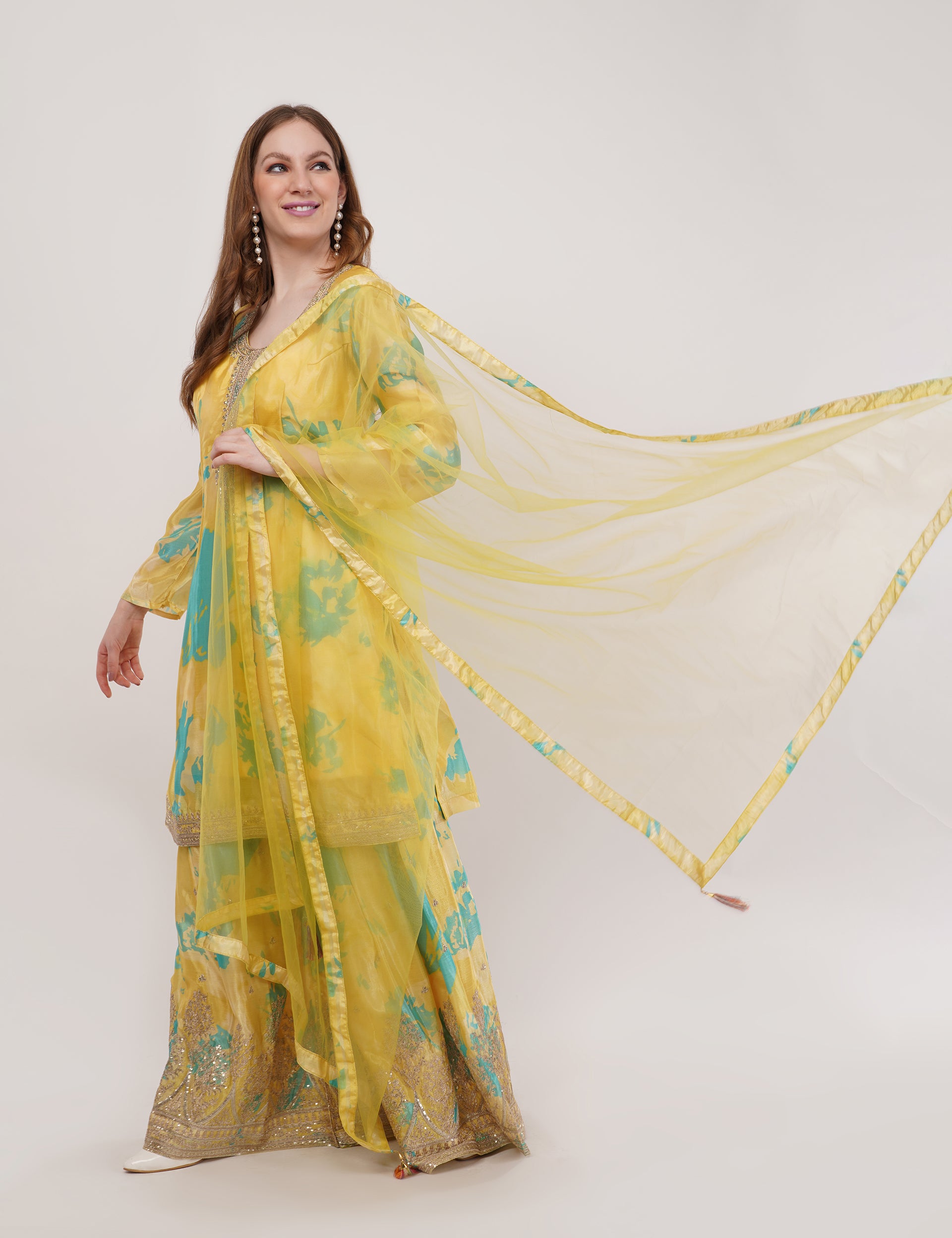 Mustard Printed Short Suit With Flared Sharara Pants & Dupatta - Set Of 3