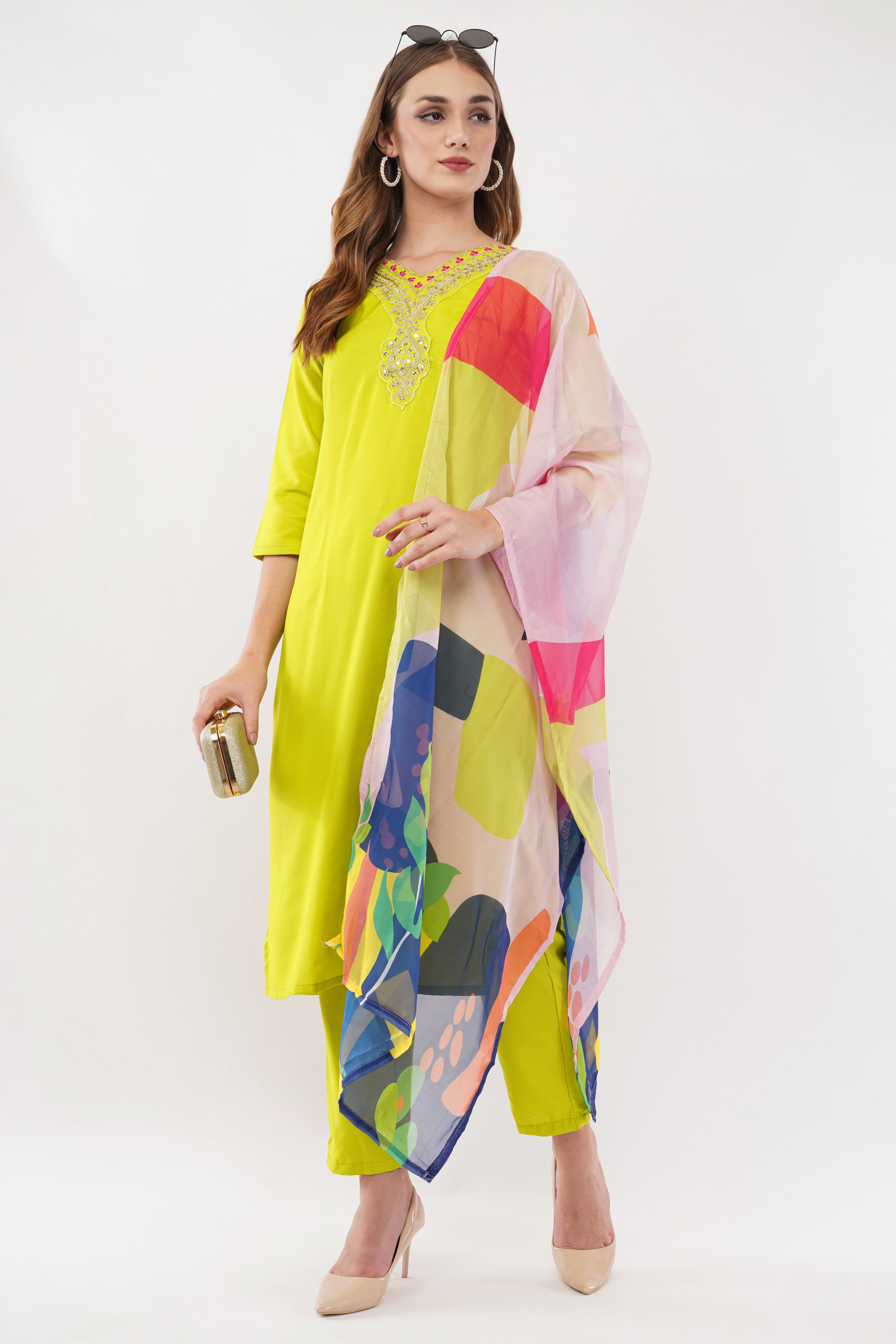 Neon Green Viscose With Printed Dupatta - Set Of 3