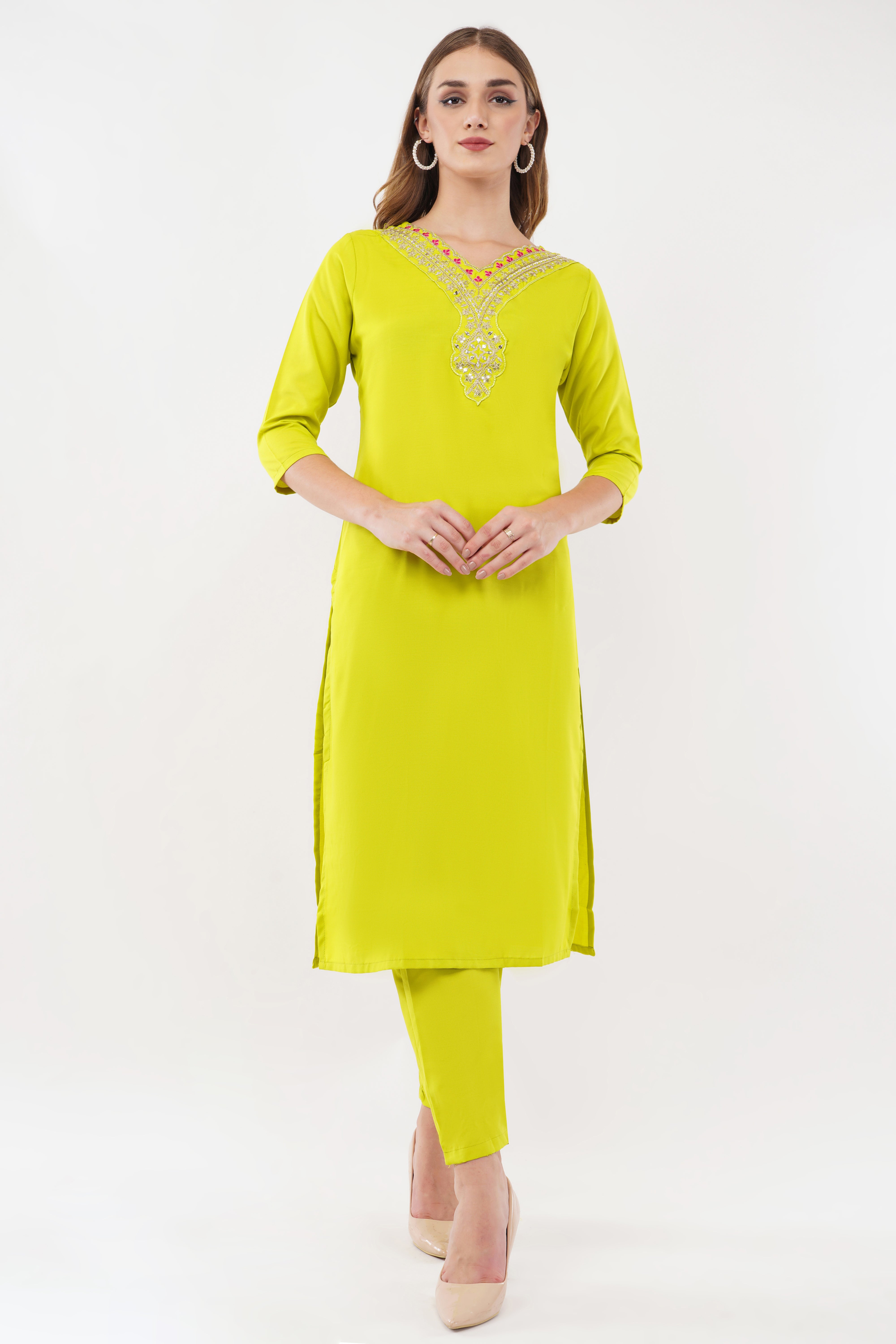 Neon Green Viscose With Printed Dupatta - Set Of 3