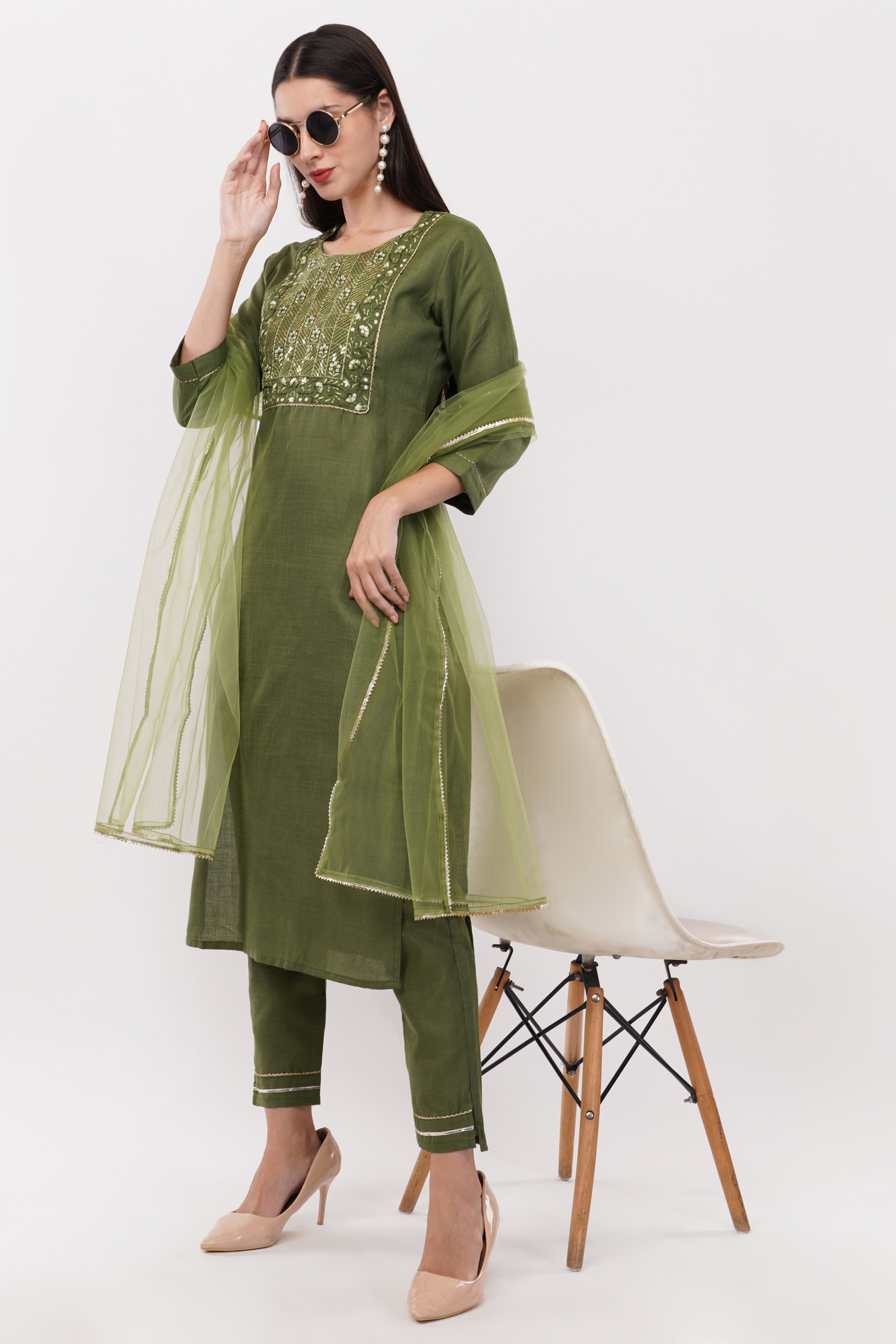 Olive Green Cotton Fabric Suit Set With Embroidered Yoke - Set Of 3