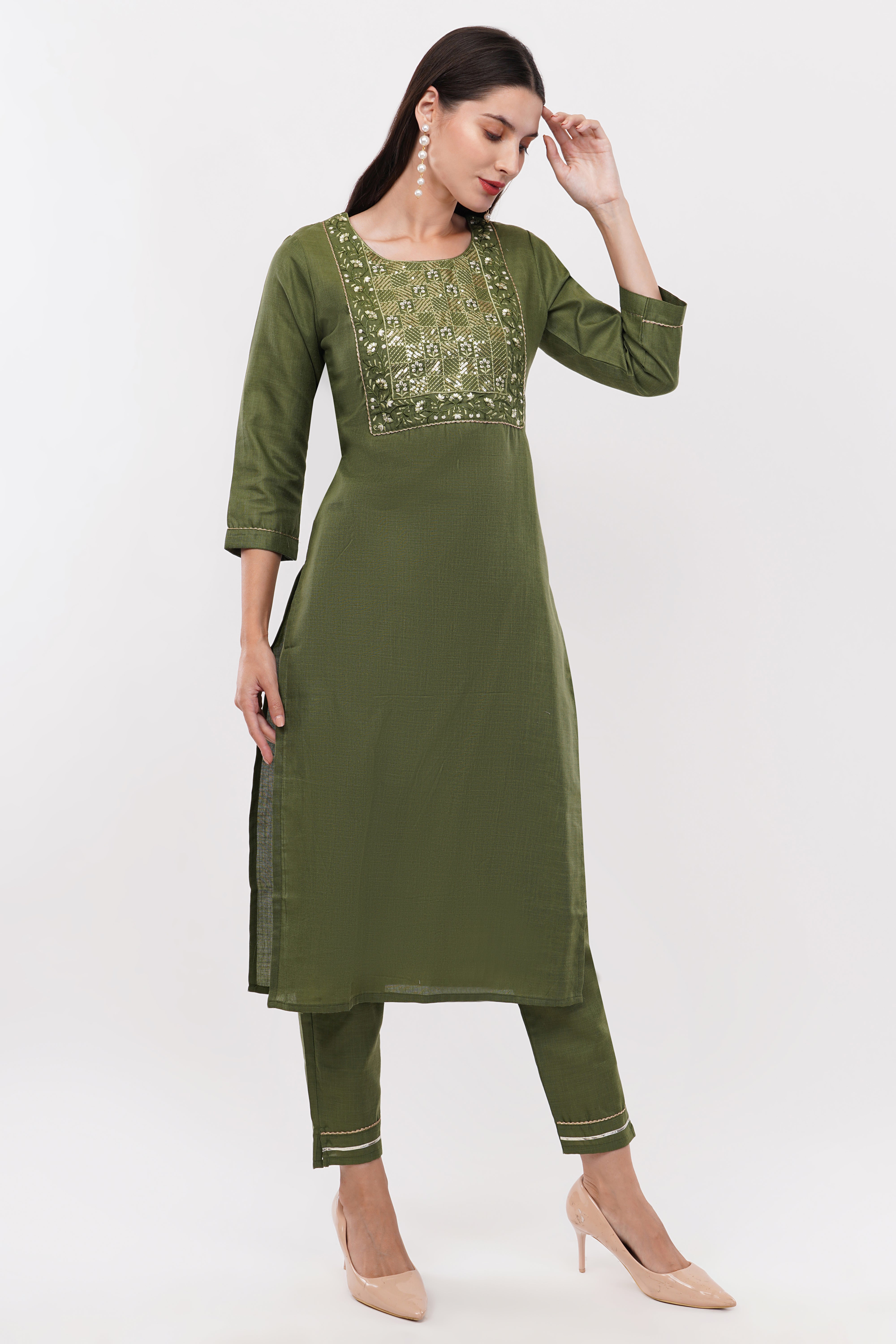 Olive Green Cotton Fabric Suit Set With Embroidered Yoke - Set Of 3