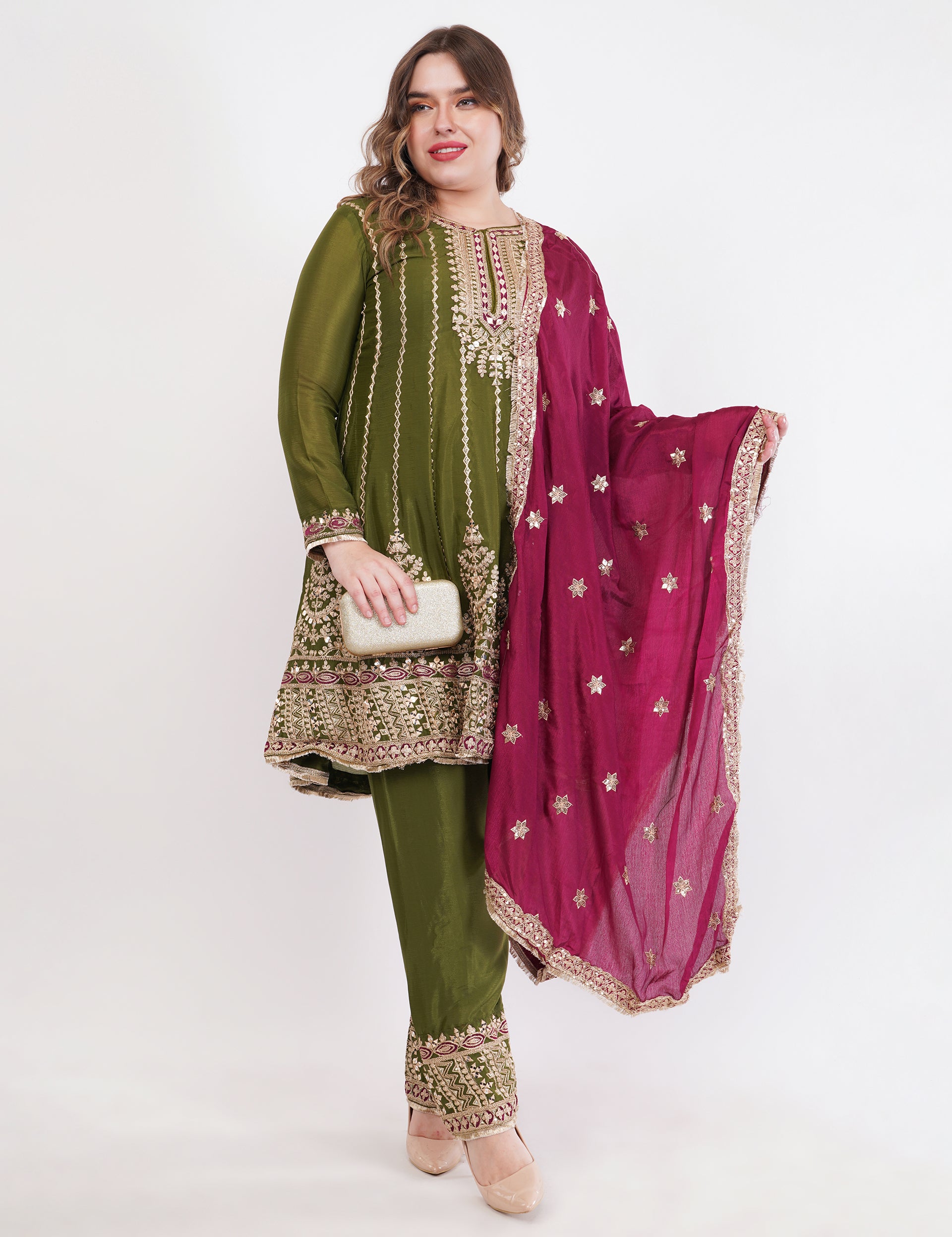 Embroidered Suit With Salwar Pants & Contrasting Dupatta - Set Of 3