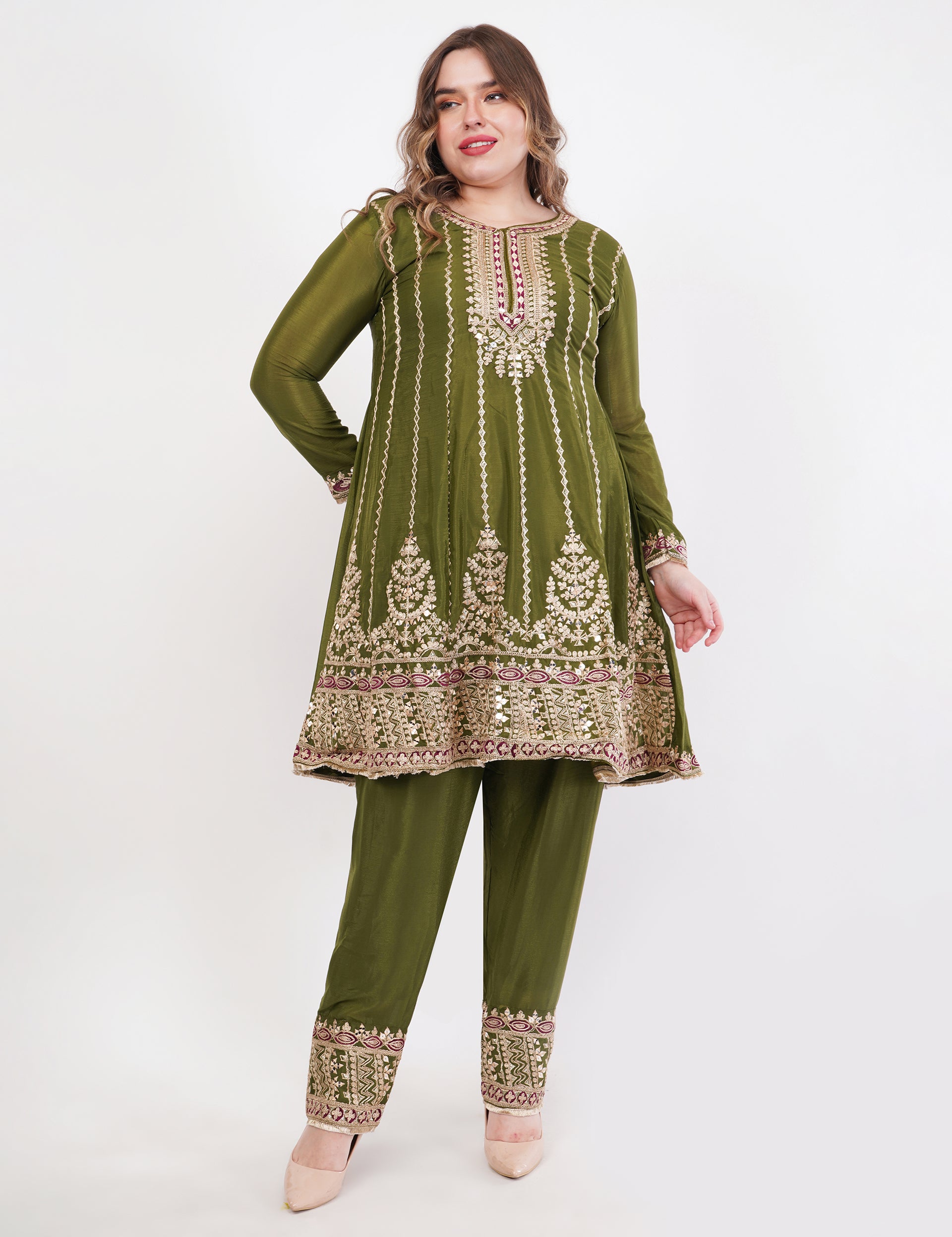 Embroidered Suit With Salwar Pants & Contrasting Dupatta - Set Of 3