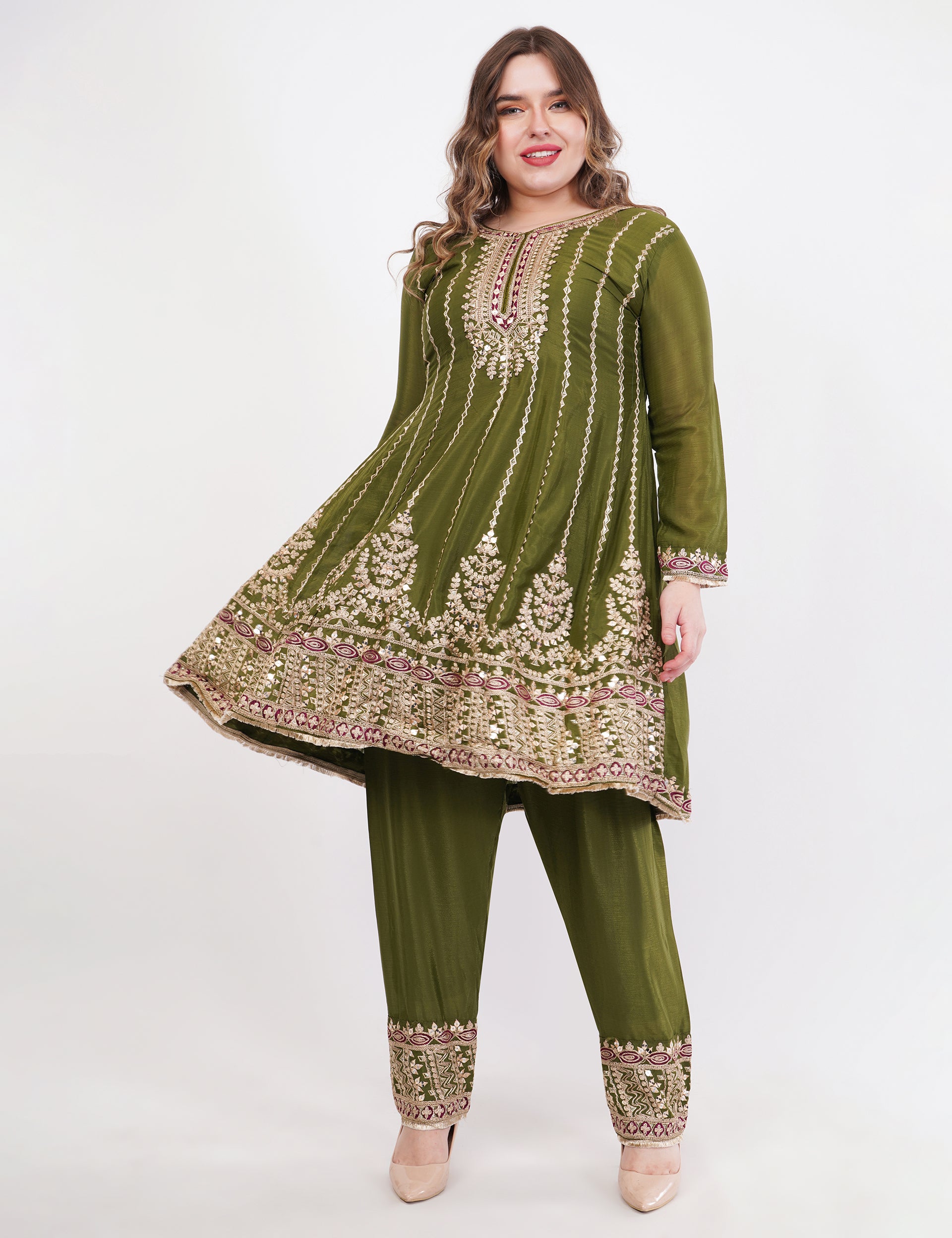 Embroidered Suit With Salwar Pants & Contrasting Dupatta - Set Of 3