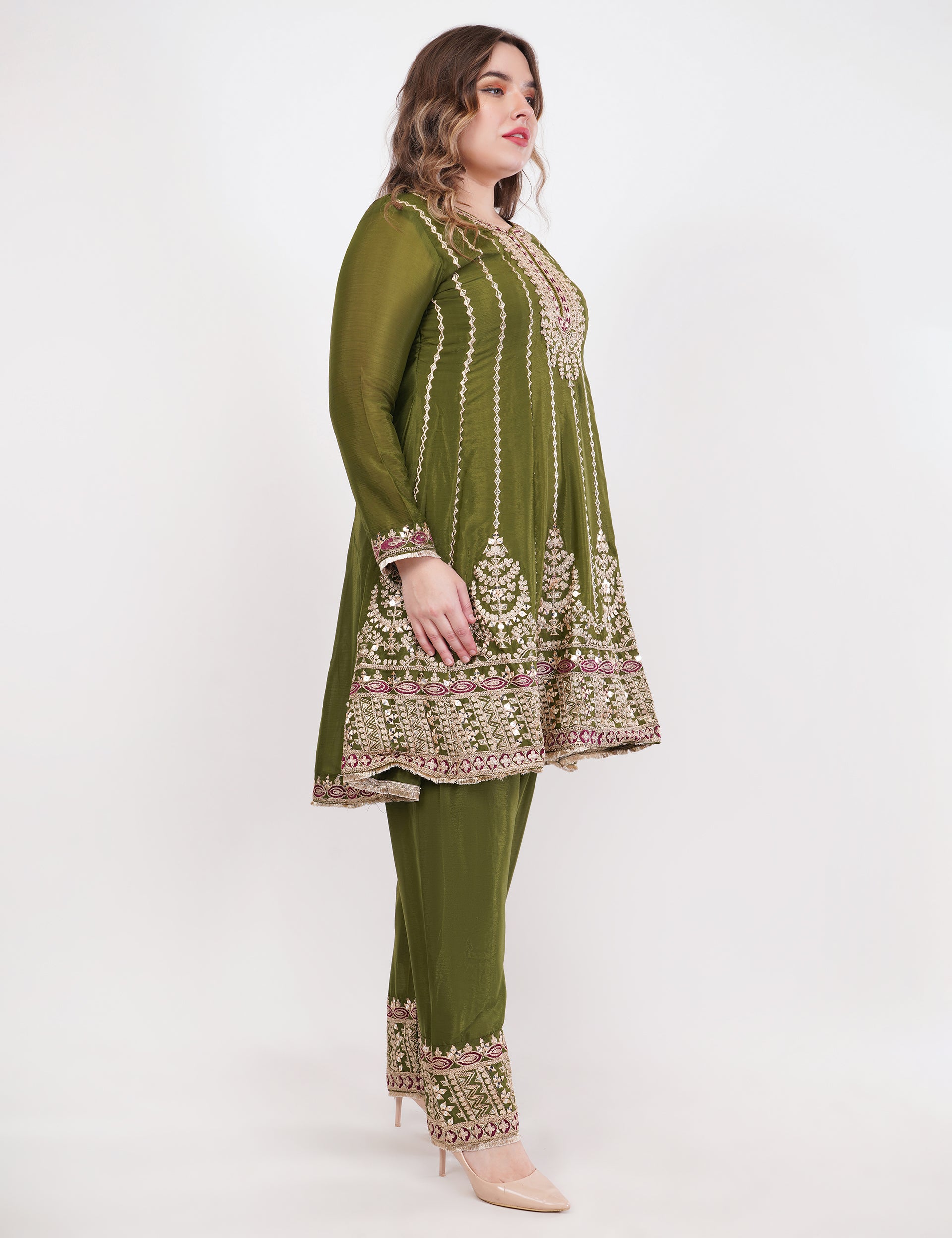 Embroidered Suit With Salwar Pants & Contrasting Dupatta - Set Of 3