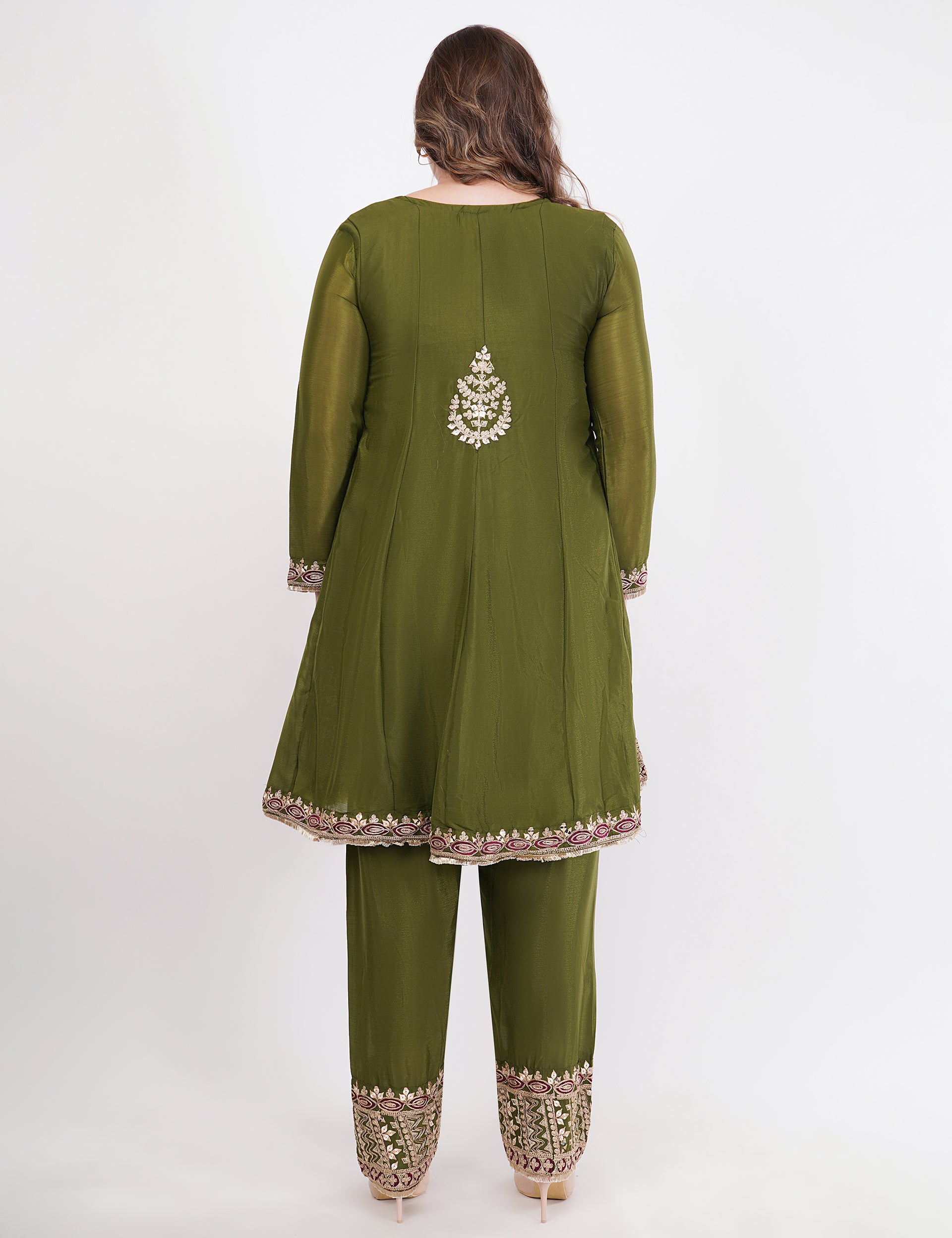 Embroidered Suit With Salwar Pants & Contrasting Dupatta - Set Of 3