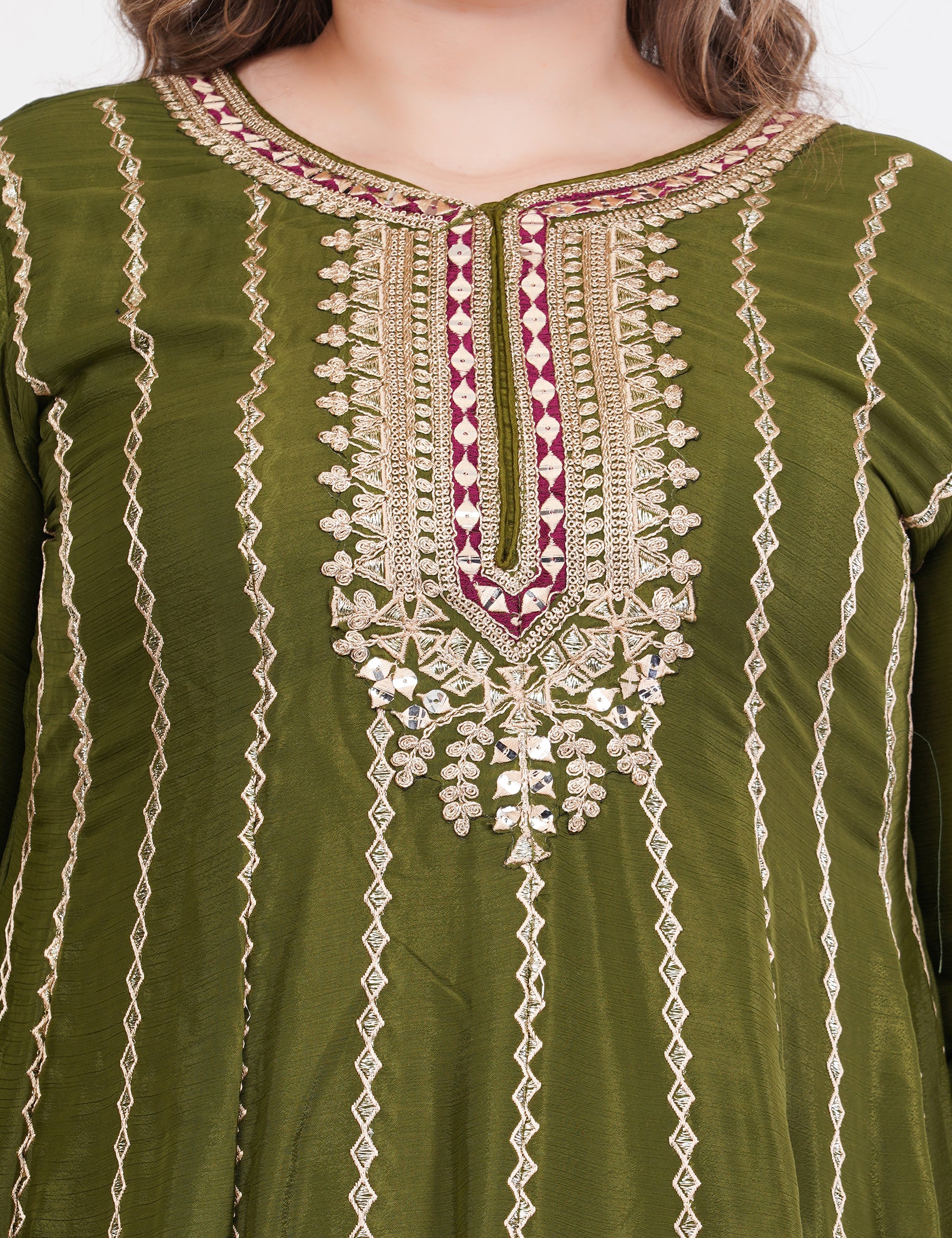 Embroidered Suit With Salwar Pants & Contrasting Dupatta - Set Of 3