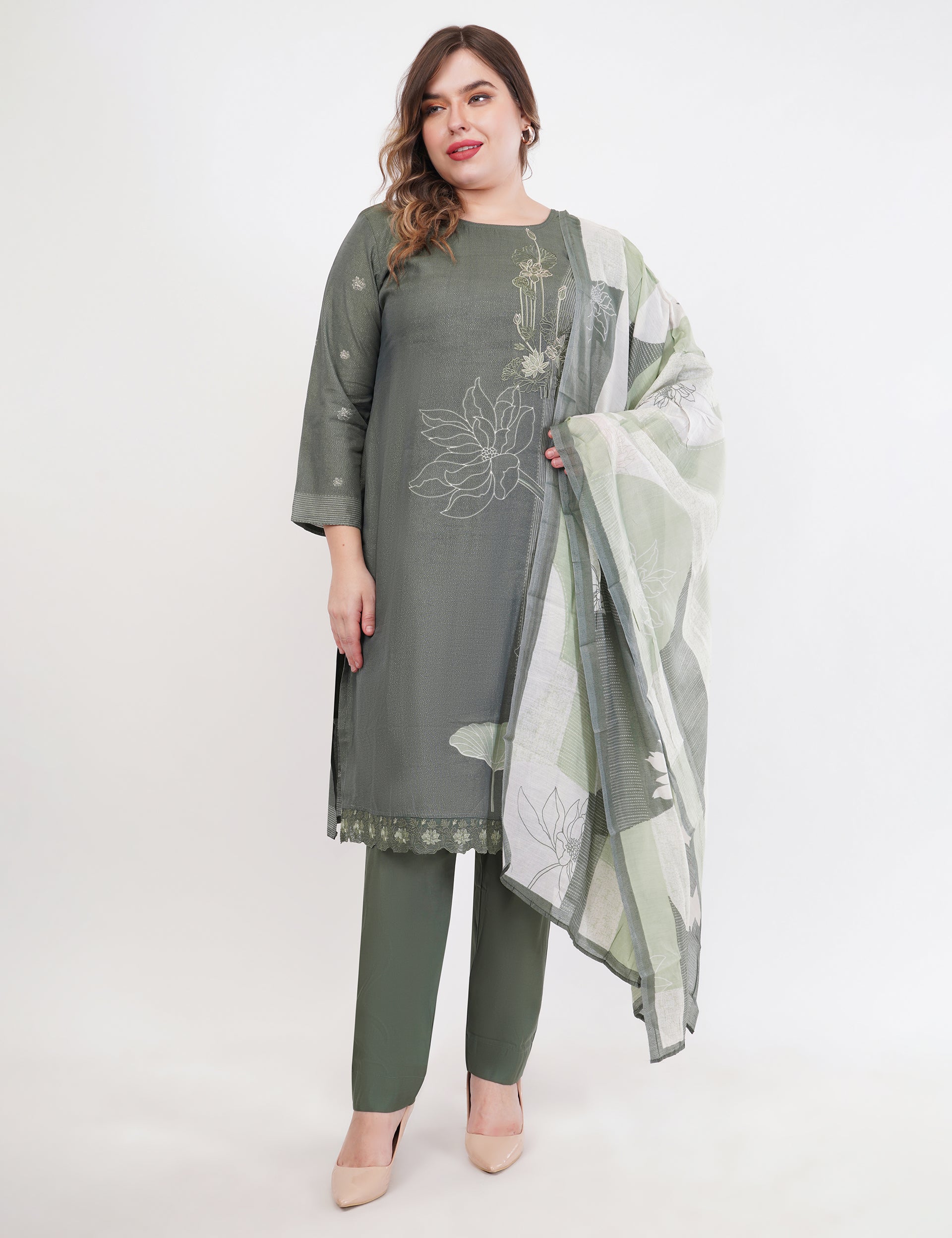 Olive Green Abstract Printed Suit Set - Set Of 3
