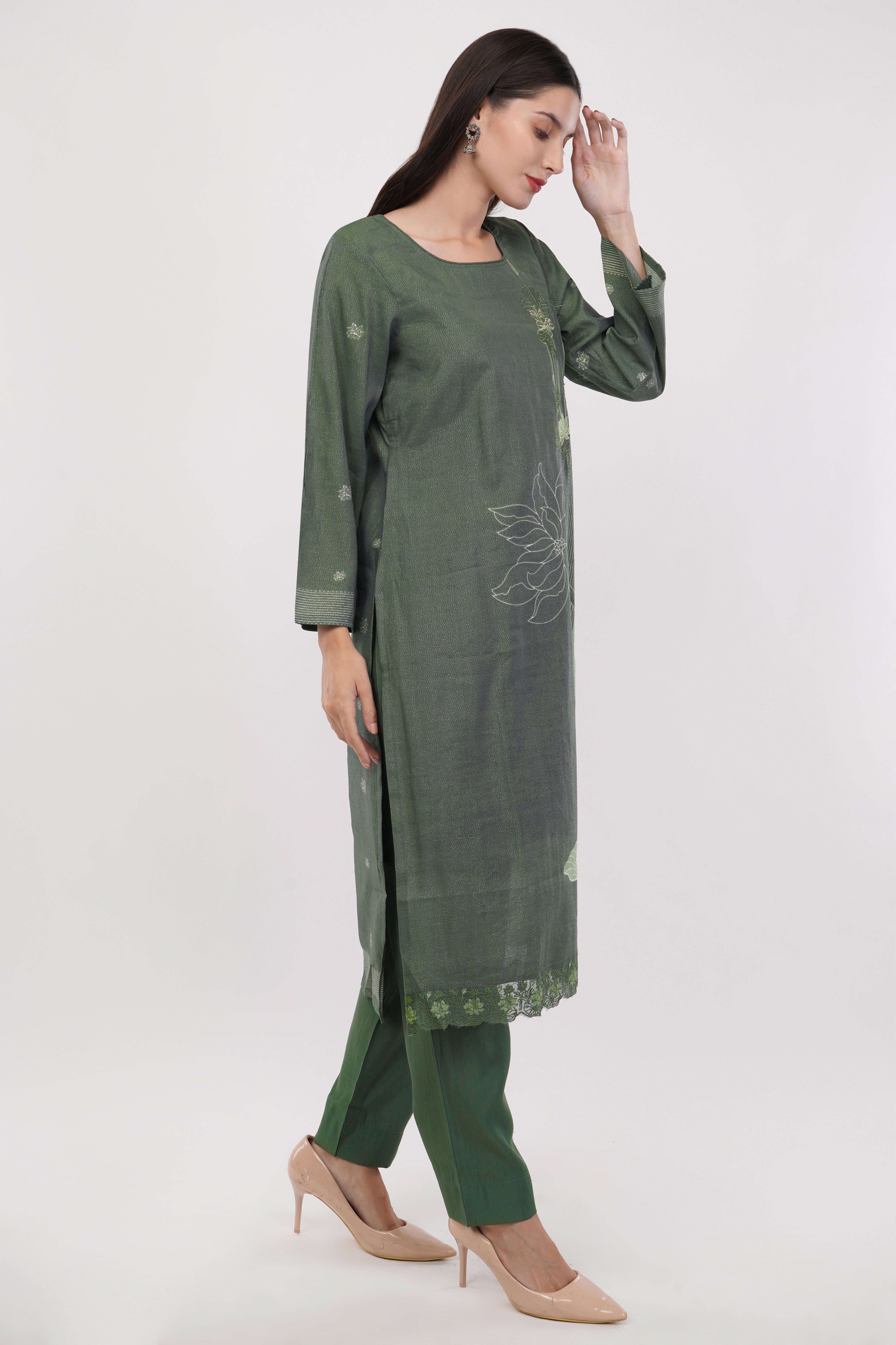 Olive Green Abstract Printed Suit Set - Set Of 3