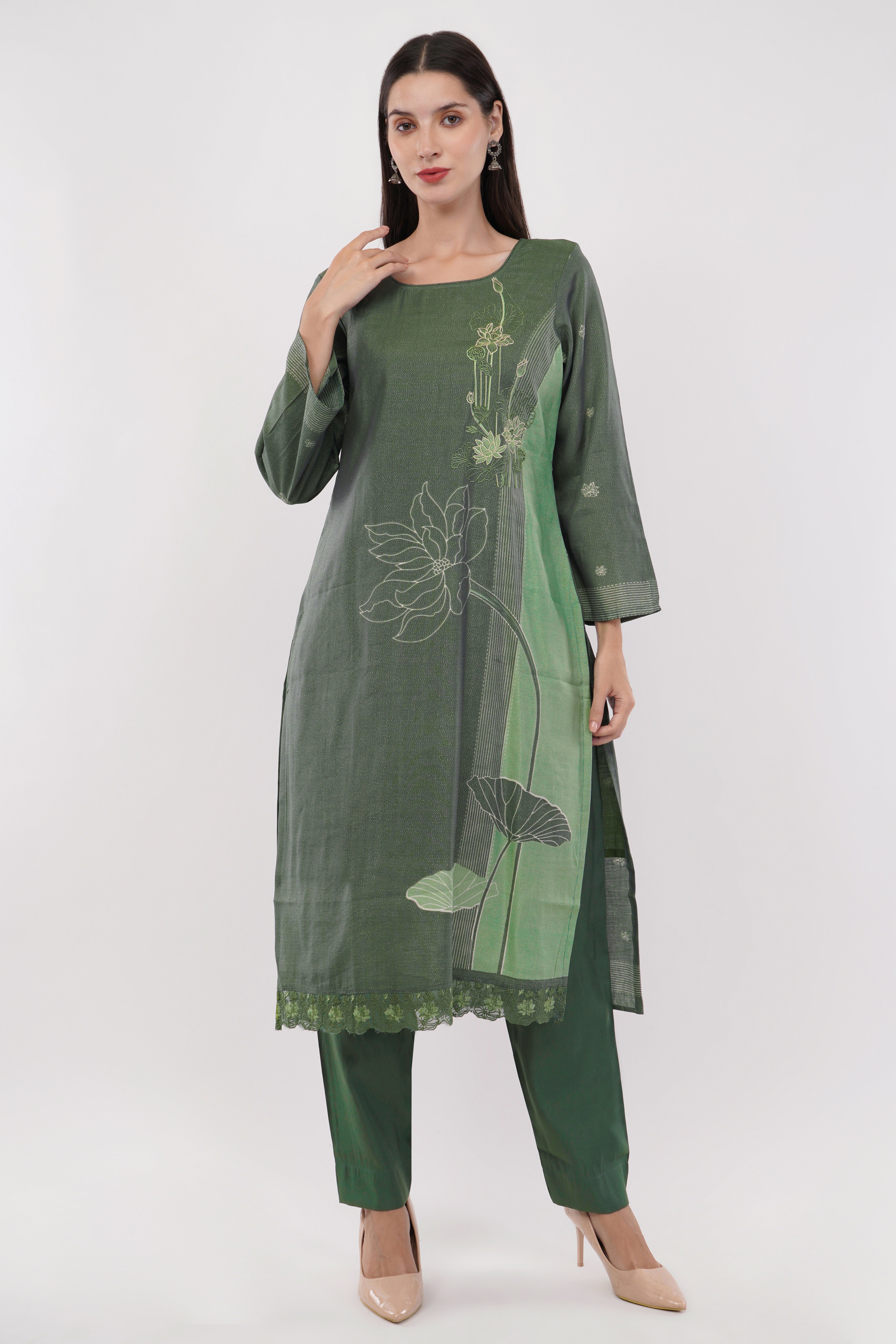 Olive Green Abstract Printed Suit Set - Set Of 3