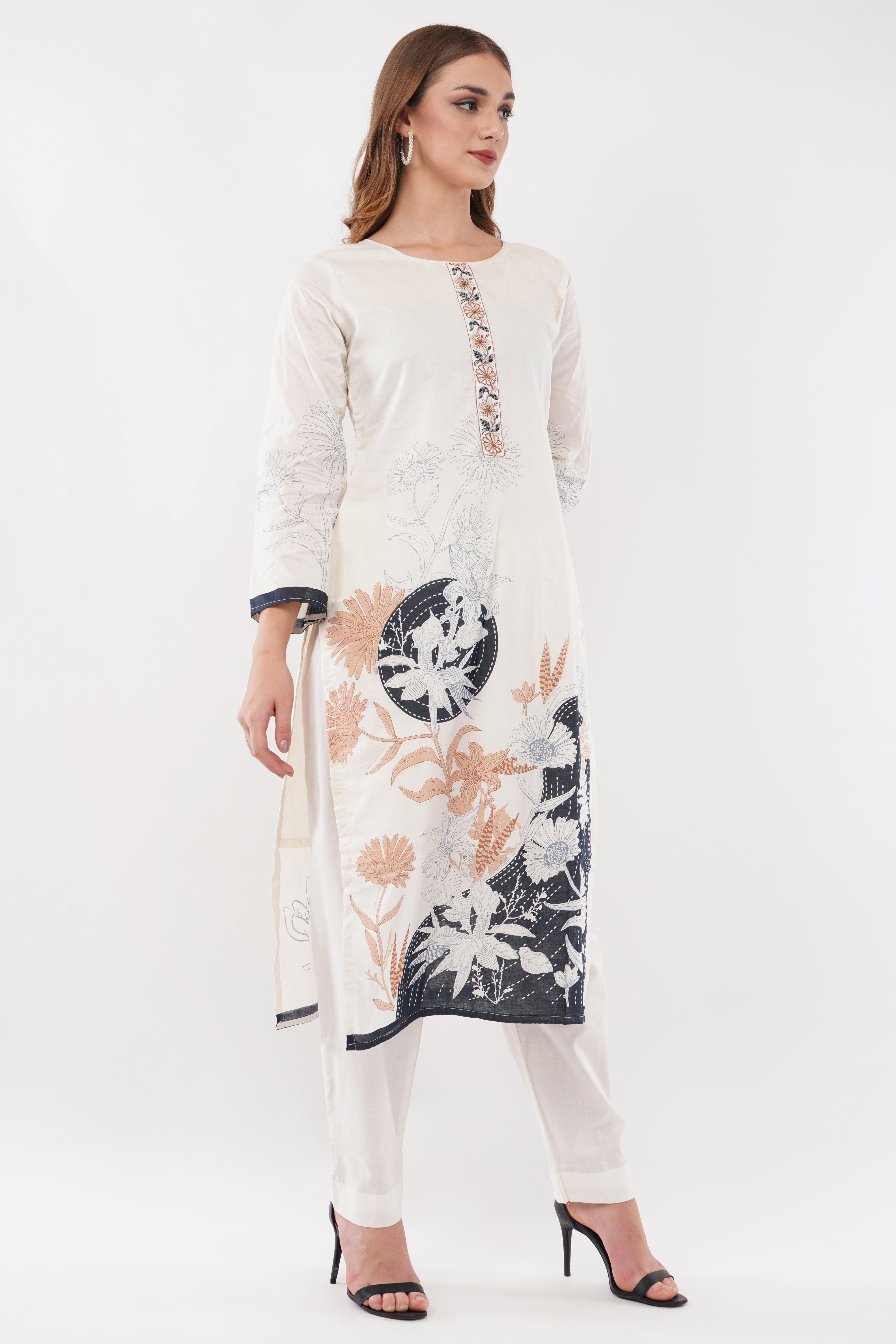 Printed & Embroidered Off-White Suit Set - Set Of 3