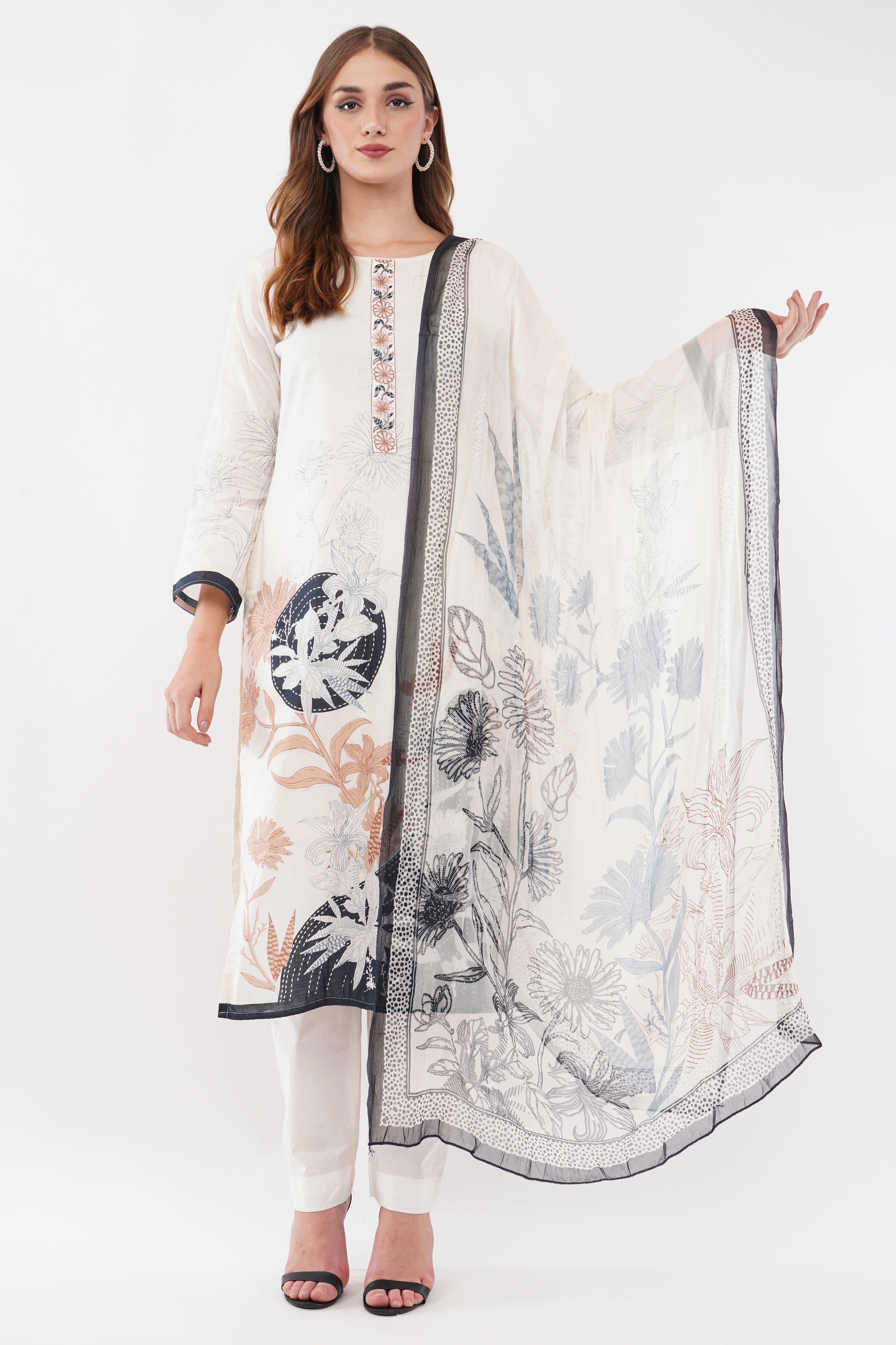 Printed & Embroidered Off-White Suit Set - Set Of 3