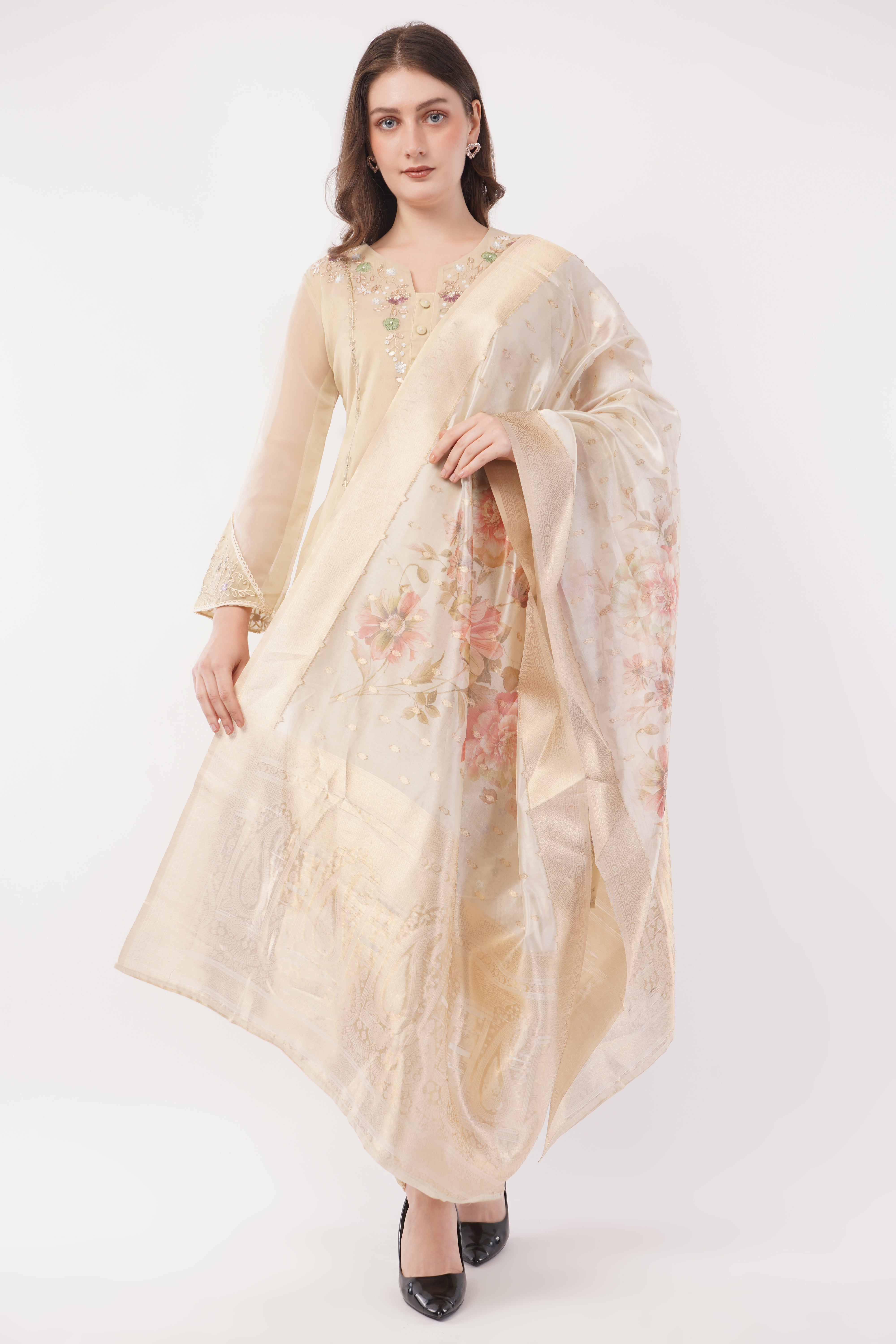 Off White Shimmer Organza Embroidered Suit, Tulip Pants & Jacquard Dupatta - Set Of 3