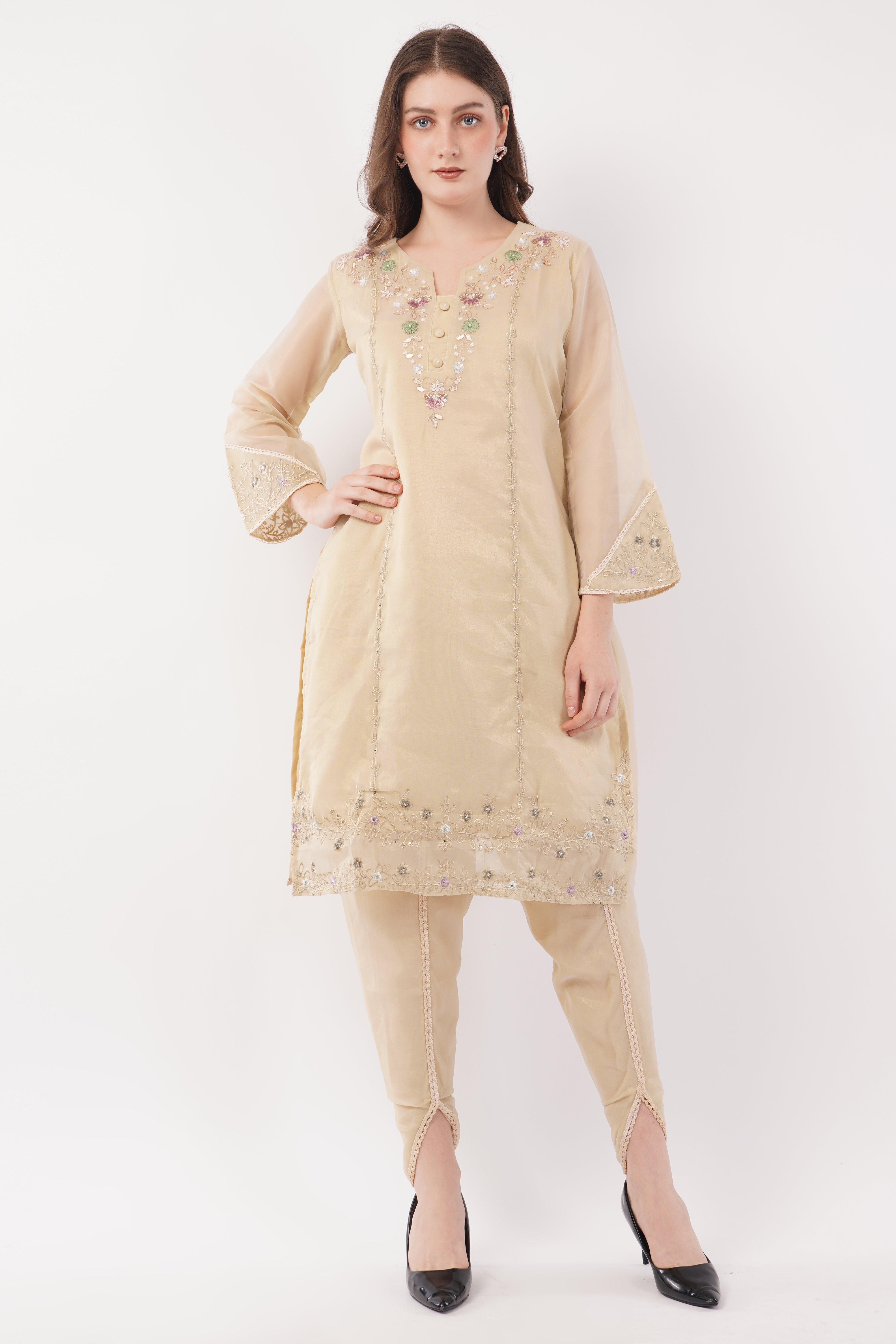 Off White Shimmer Organza Embroidered Suit, Tulip Pants & Jacquard Dupatta - Set Of 3