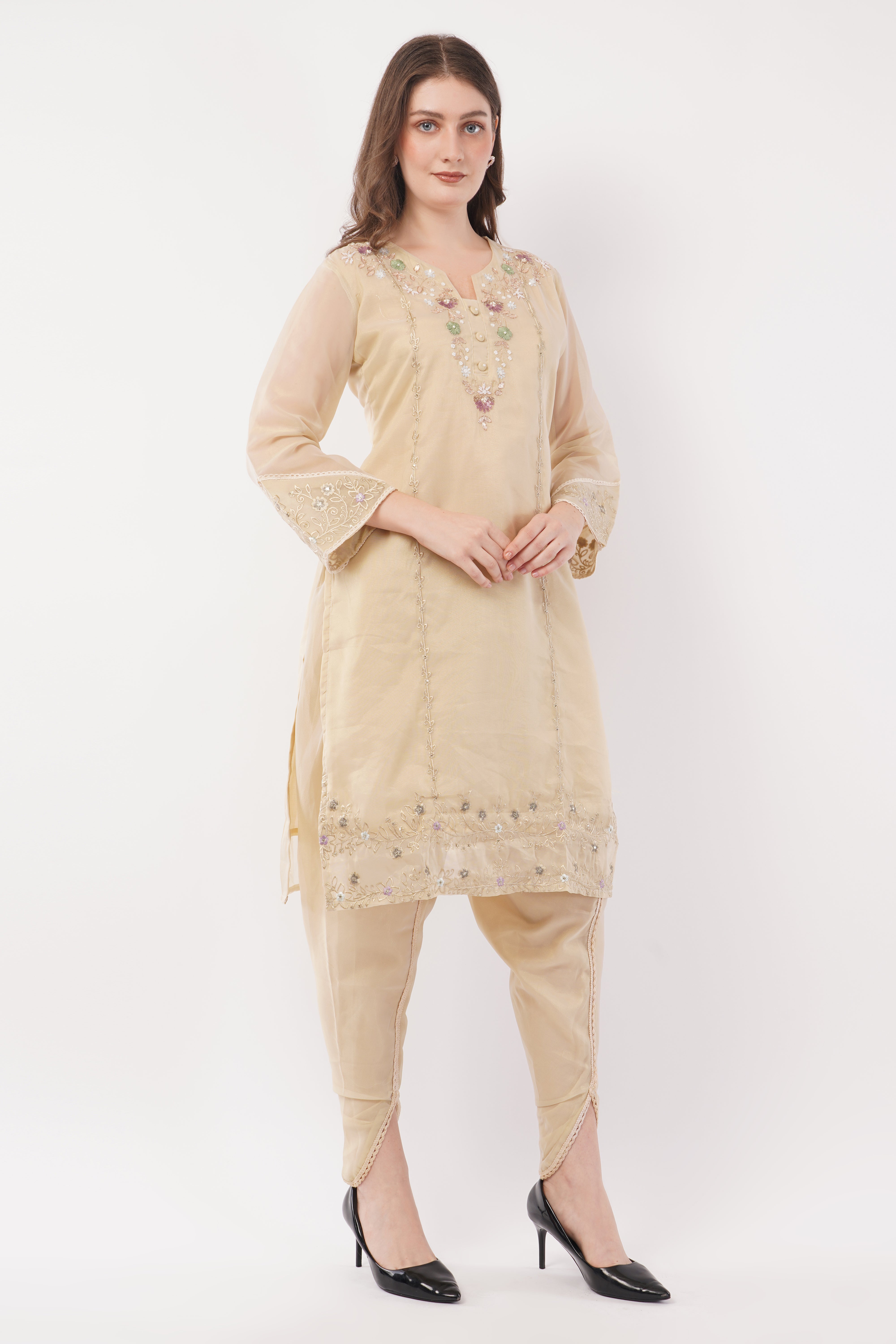 Off White Shimmer Organza Embroidered Suit, Tulip Pants & Jacquard Dupatta - Set Of 3