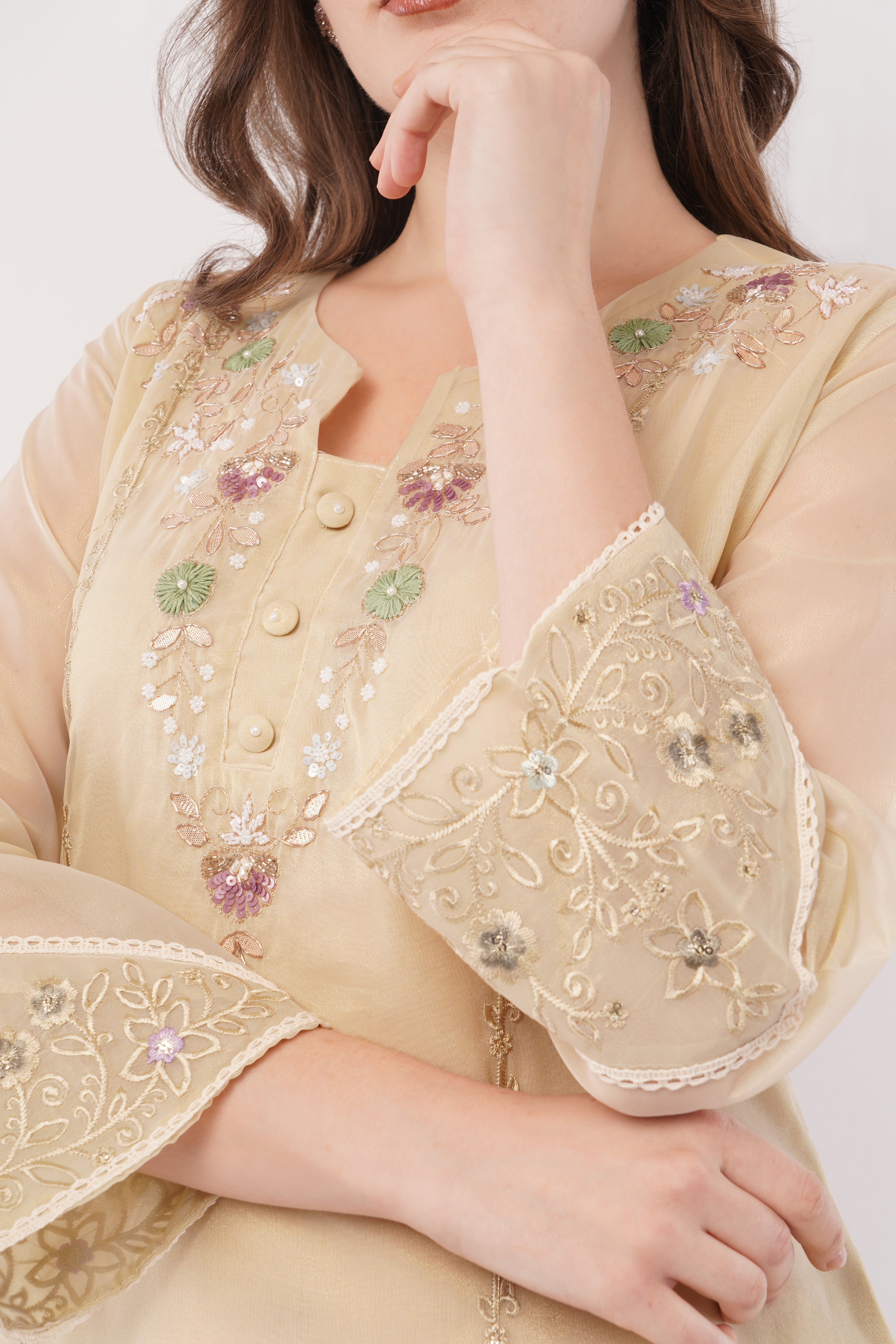 Off White Shimmer Organza Embroidered Suit, Tulip Pants & Jacquard Dupatta - Set Of 3
