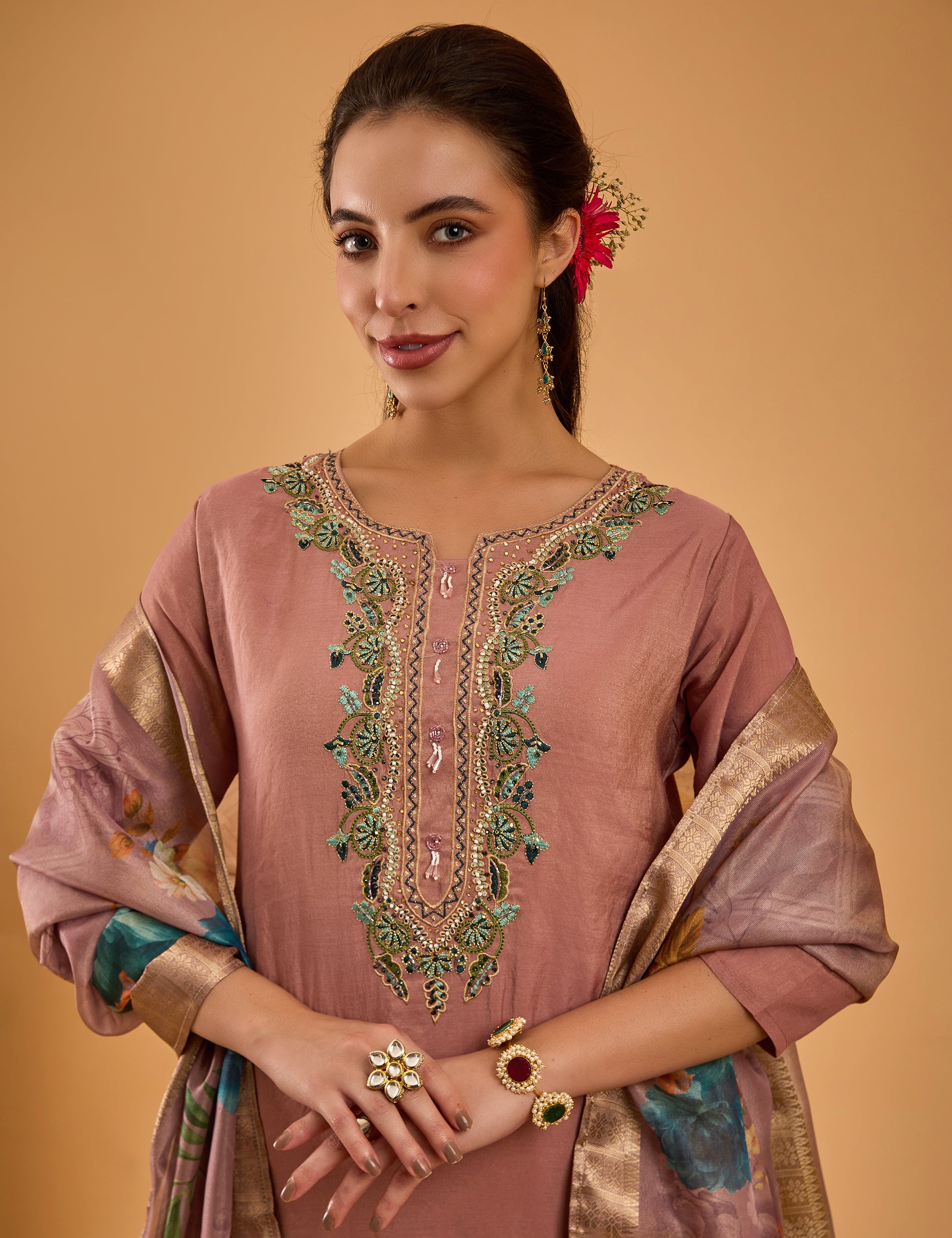 dhartii Peachy Pink Embroidered Silk Blend Kurta set