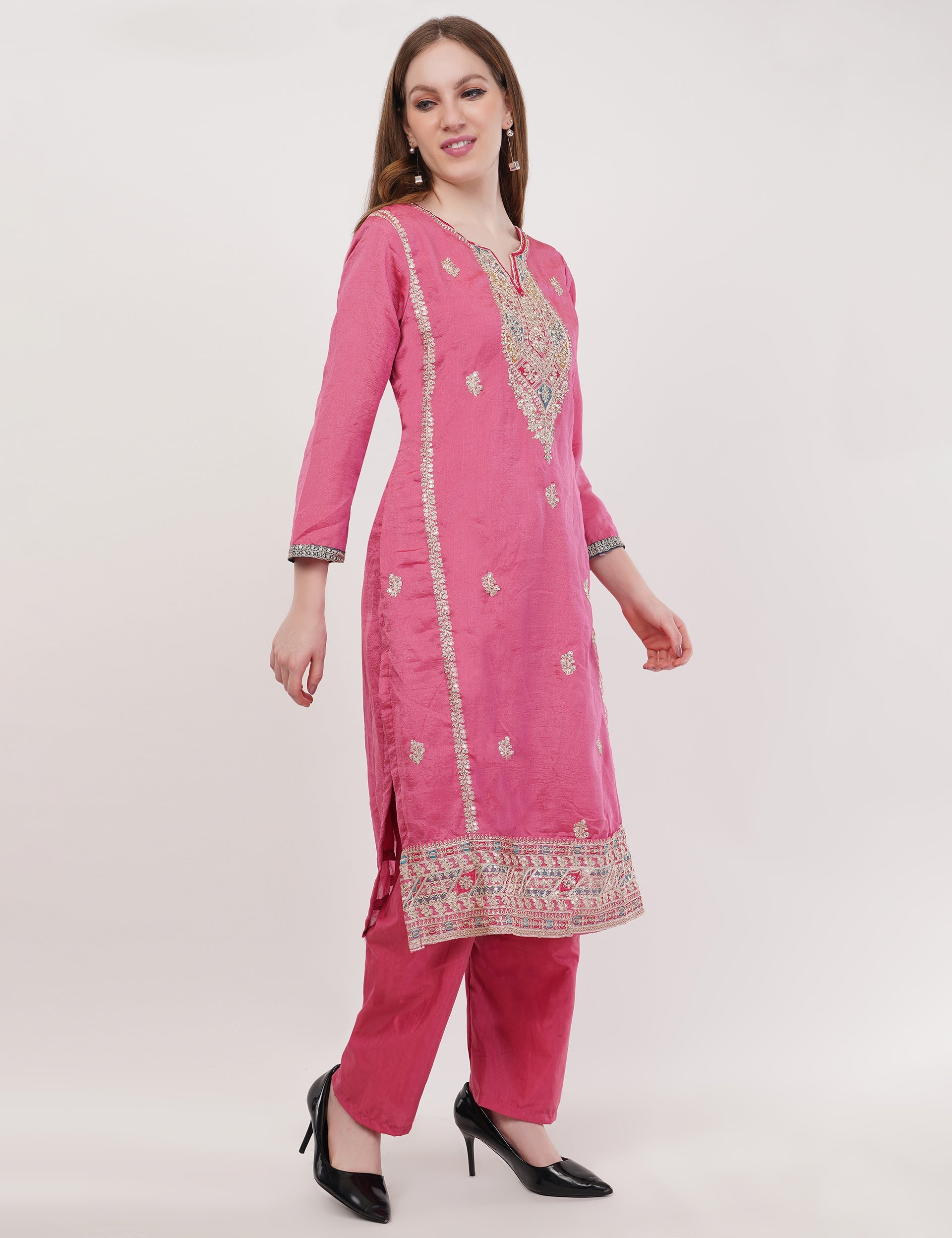 Pink Vichitra Silk Vichitra Silk Suit With Multi Thread & Zari Embroidery Stitch - Set Of 3