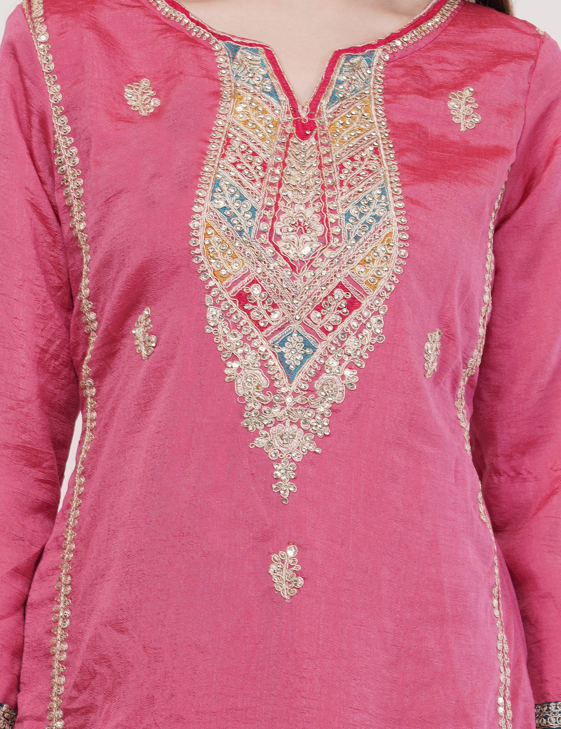 Pink Vichitra Silk Vichitra Silk Suit With Multi Thread & Zari Embroidery Stitch - Set Of 3