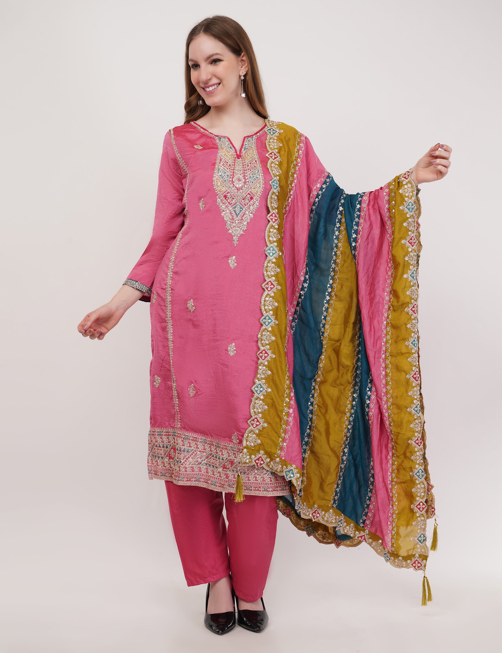 Pink Vichitra Silk Vichitra Silk Suit With Multi Thread & Zari Embroidery Stitch - Set Of 3
