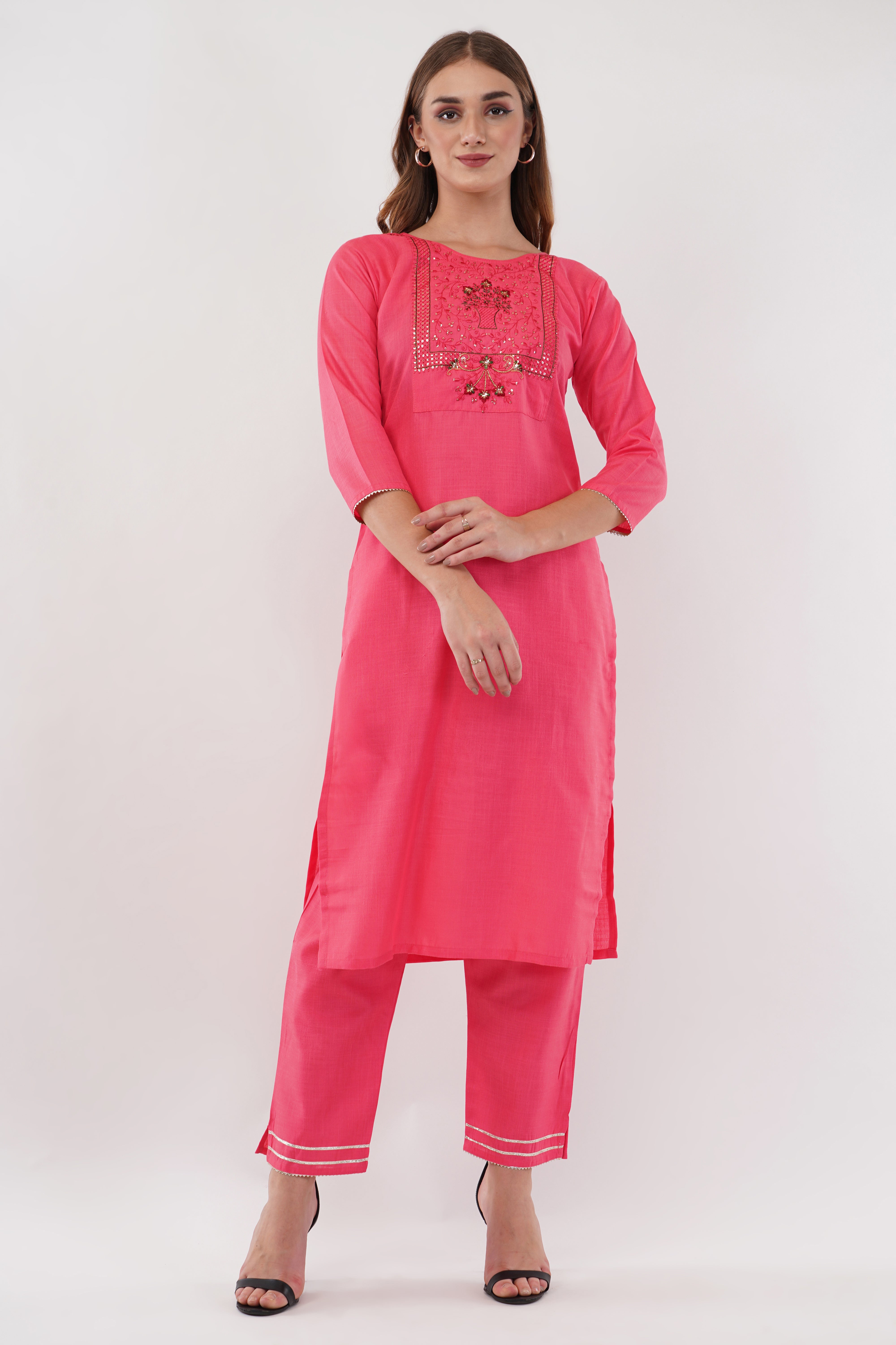 Pink Cotton Suit Set With Embroidered Yoke - Set Of 3