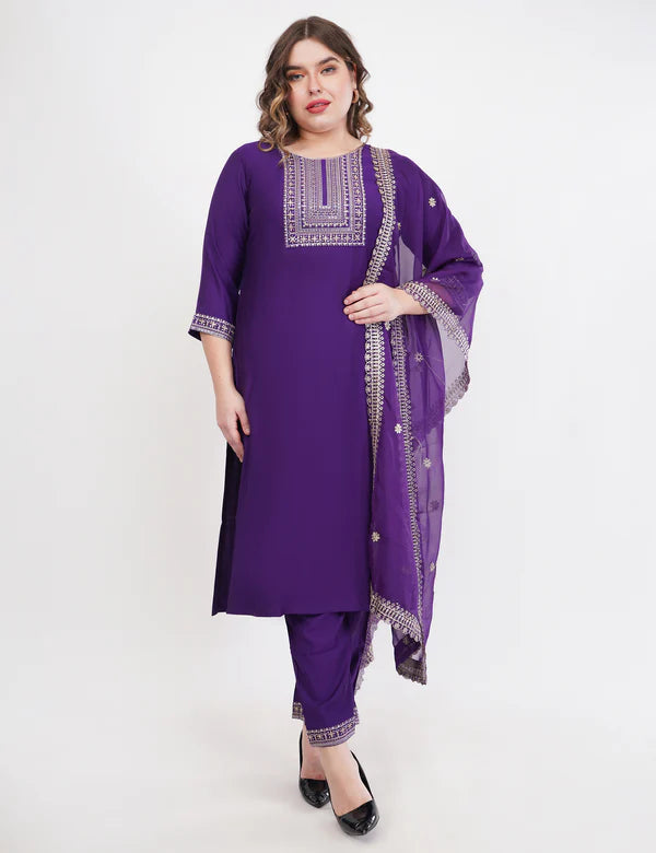 Purple Silk Straight Suit With Dupatta - Set Of 3