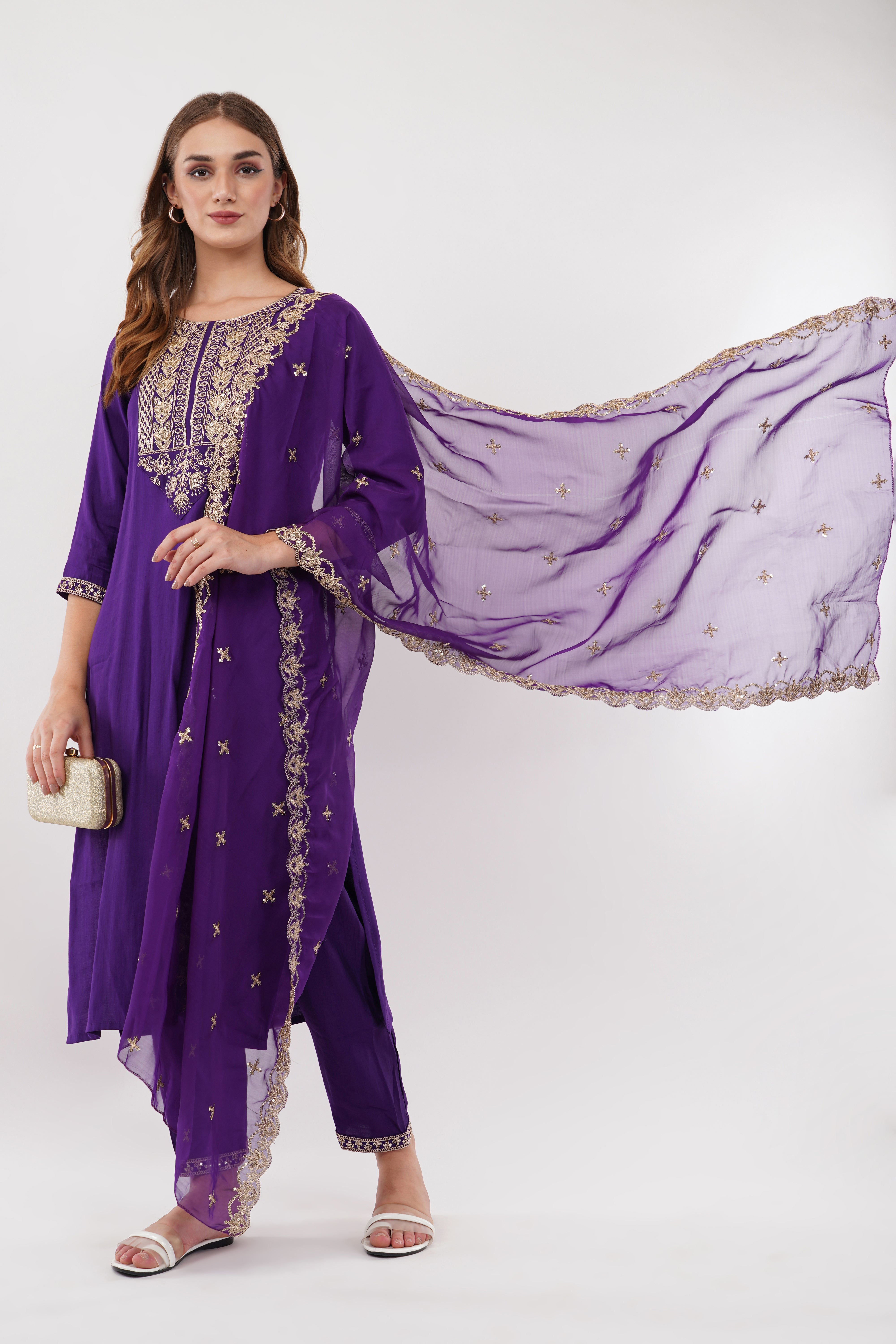 Purple Silk Straight Suit With Graceful Dupatta - Set Of 3