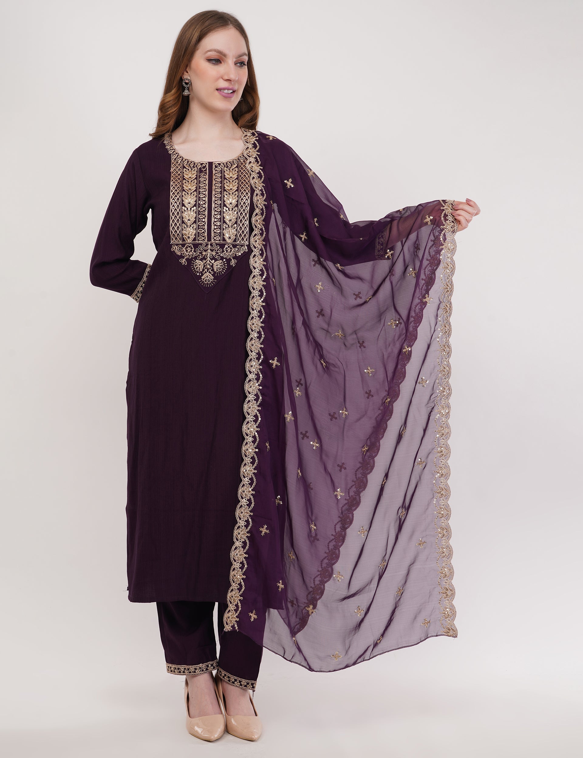 Dark Purple Silk Straight Suit With Dupatta - Set Of 3