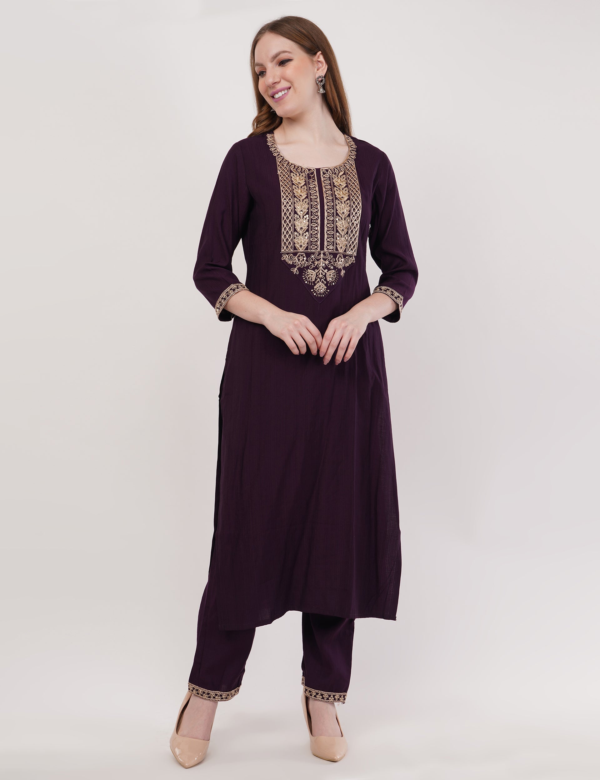 Dark Purple Silk Straight Suit With Dupatta - Set Of 3