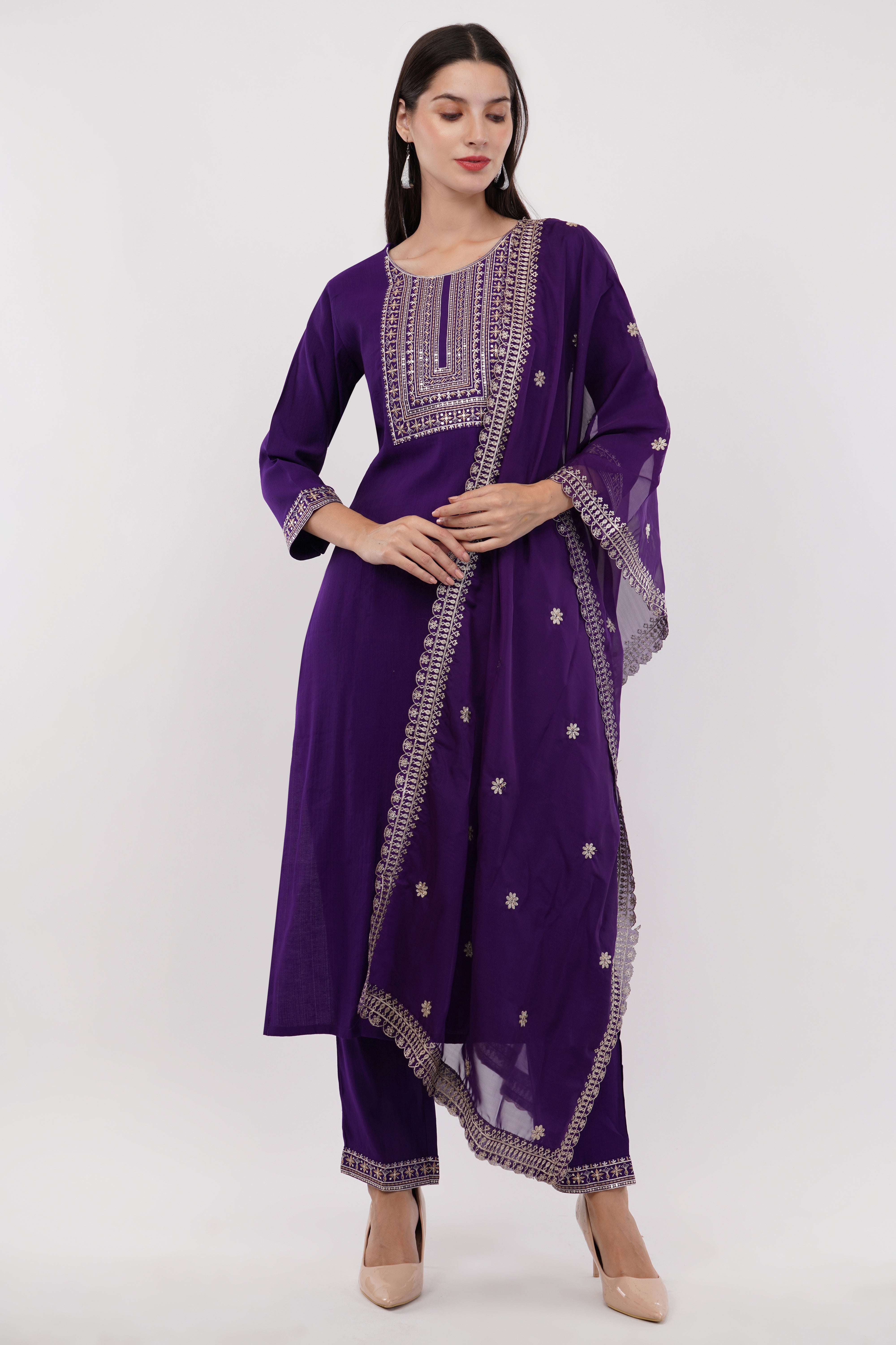 Purple Silk Straight Suit With Dupatta - Set Of 3