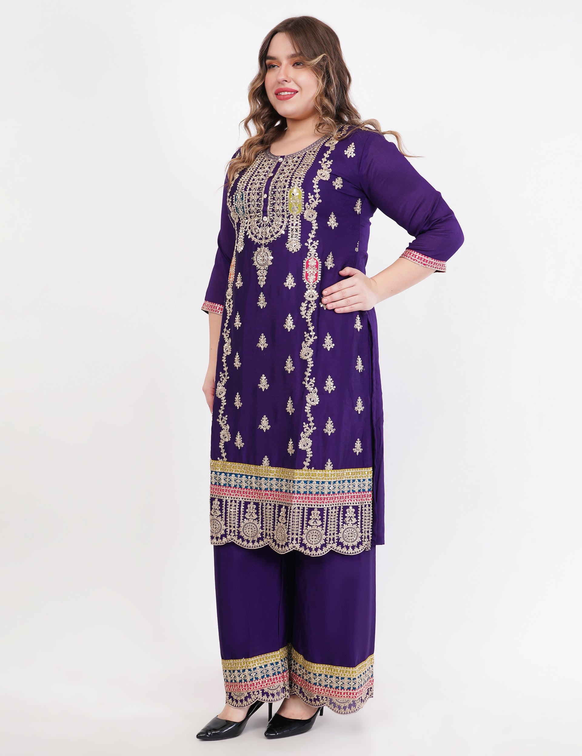 Purple Chinon With Emboidery Work Suit - Set Of 3