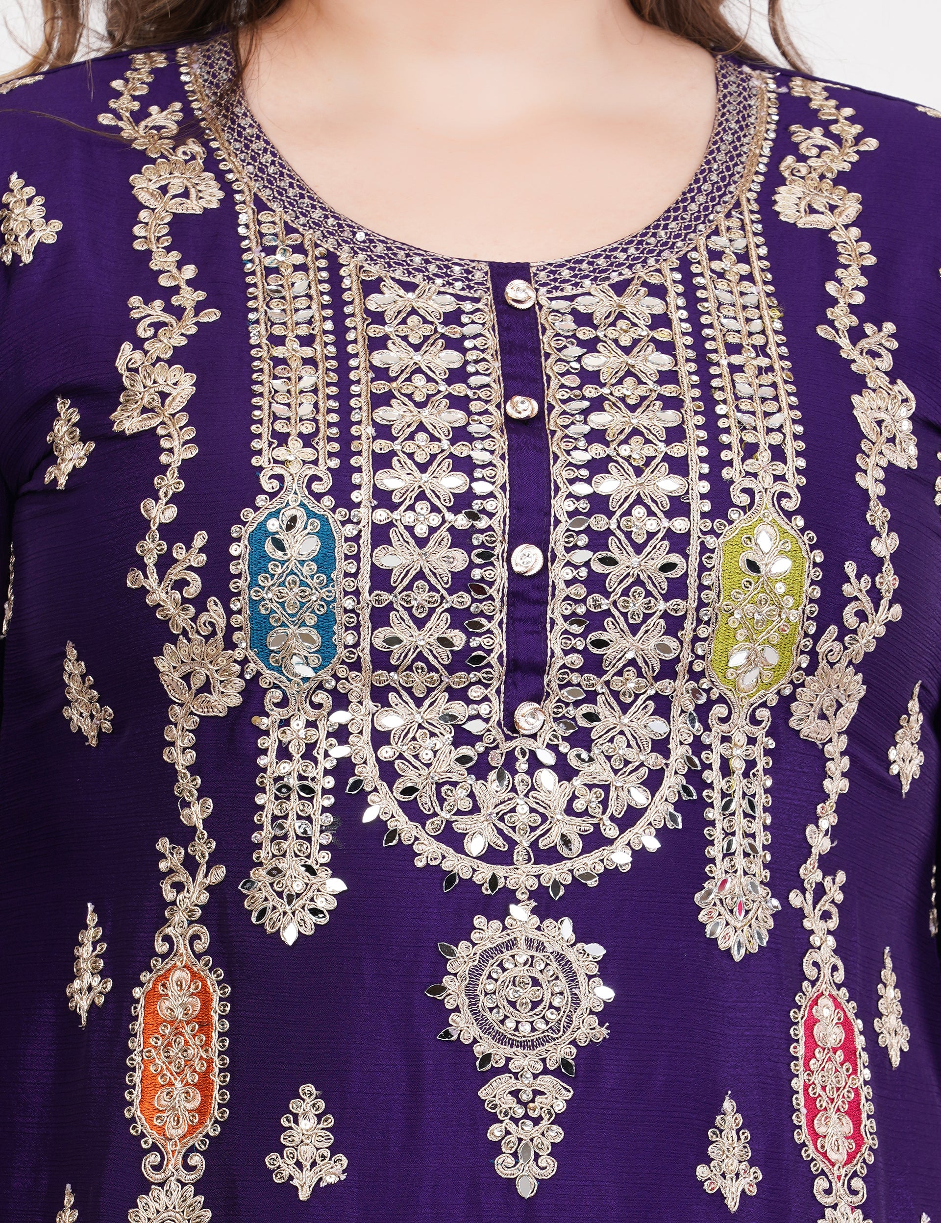 Purple Chinon With Emboidery Work Suit - Set Of 3