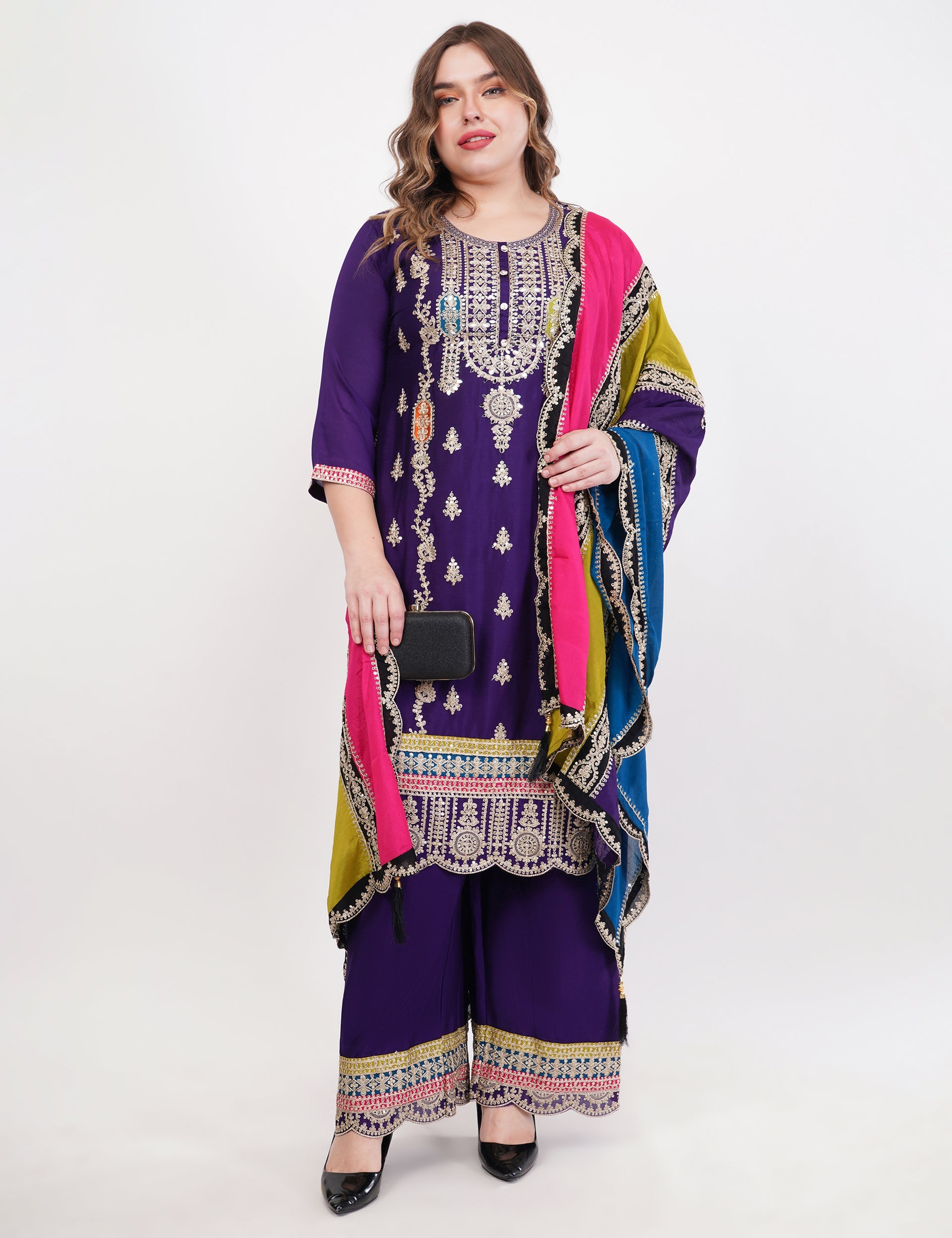 Purple Chinon With Emboidery Work Suit - Set Of 3