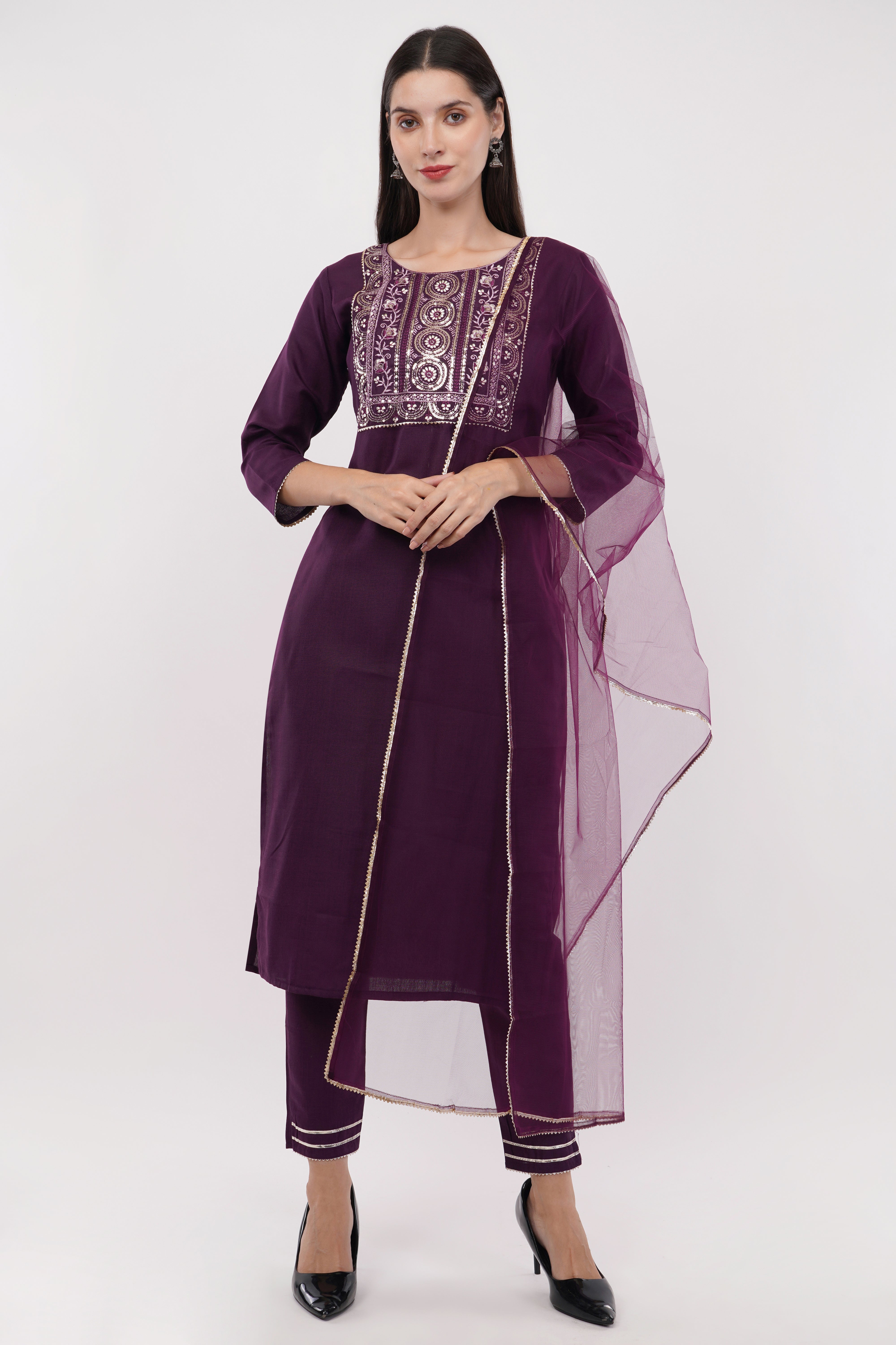 Purple Cotton Fabric Suit Set With Embroidered Yoke - Set Of 3