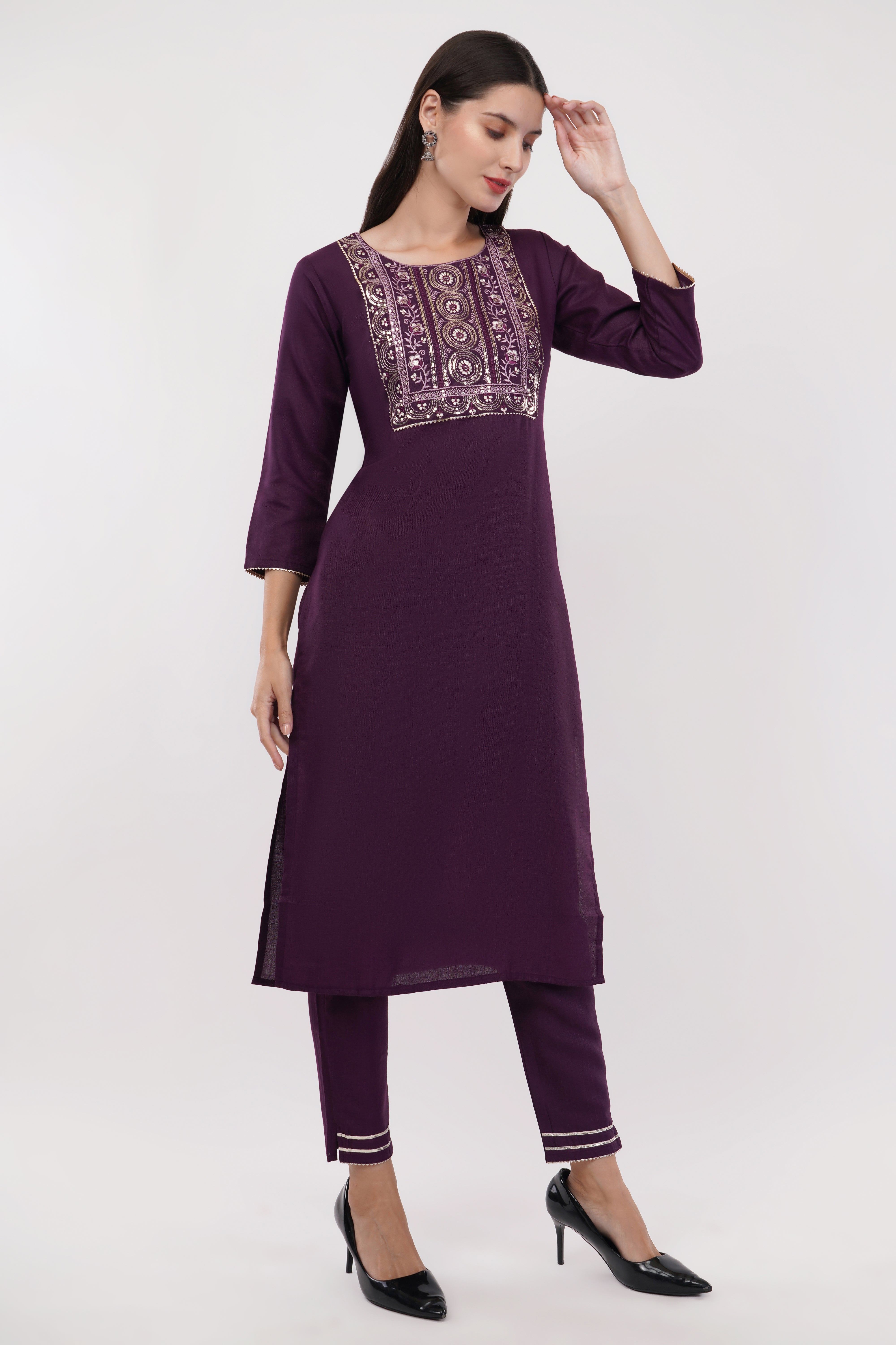 Purple Cotton Fabric Suit Set With Embroidered Yoke - Set Of 3