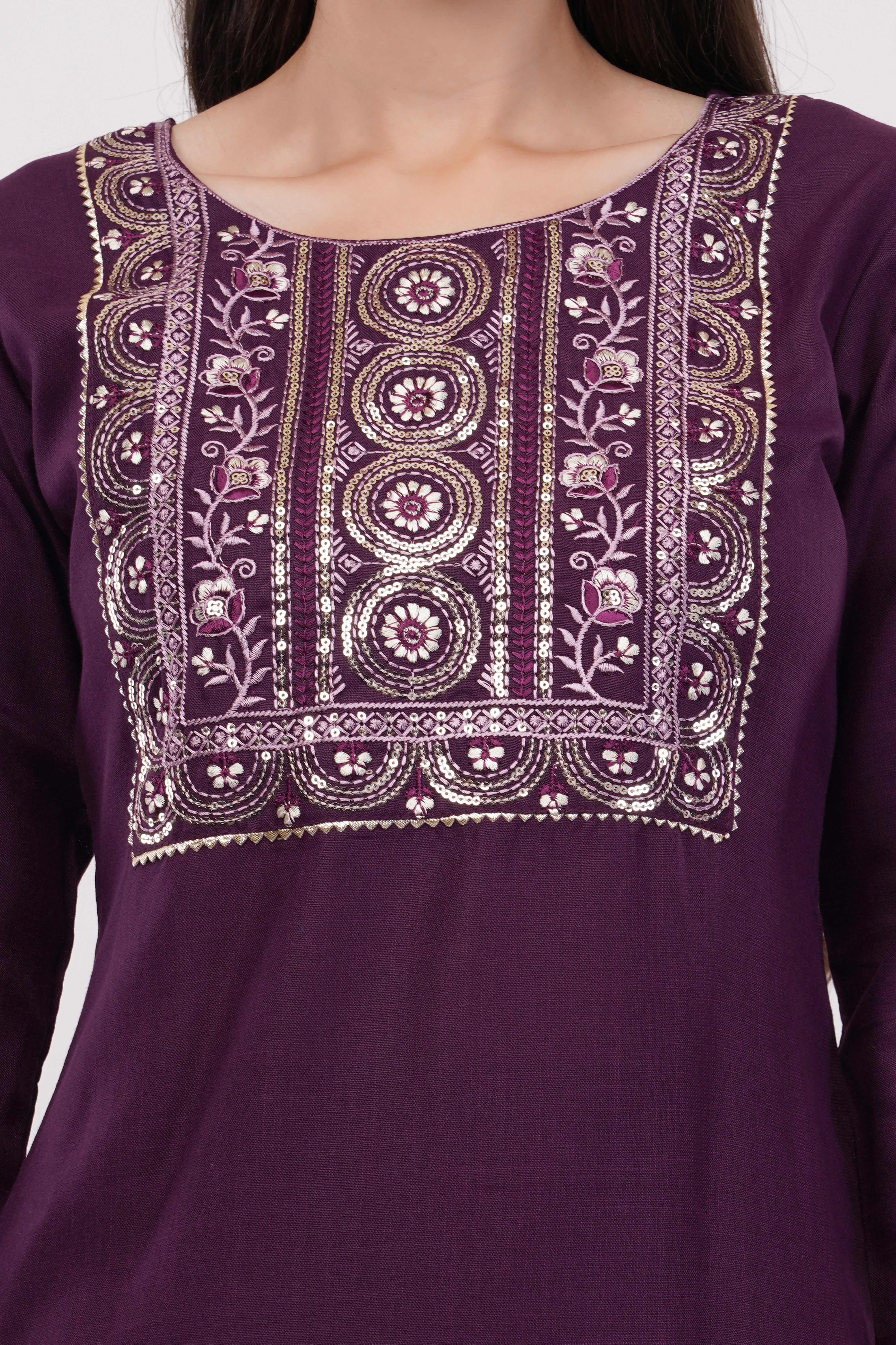 Purple Cotton Fabric Suit Set With Embroidered Yoke - Set Of 3