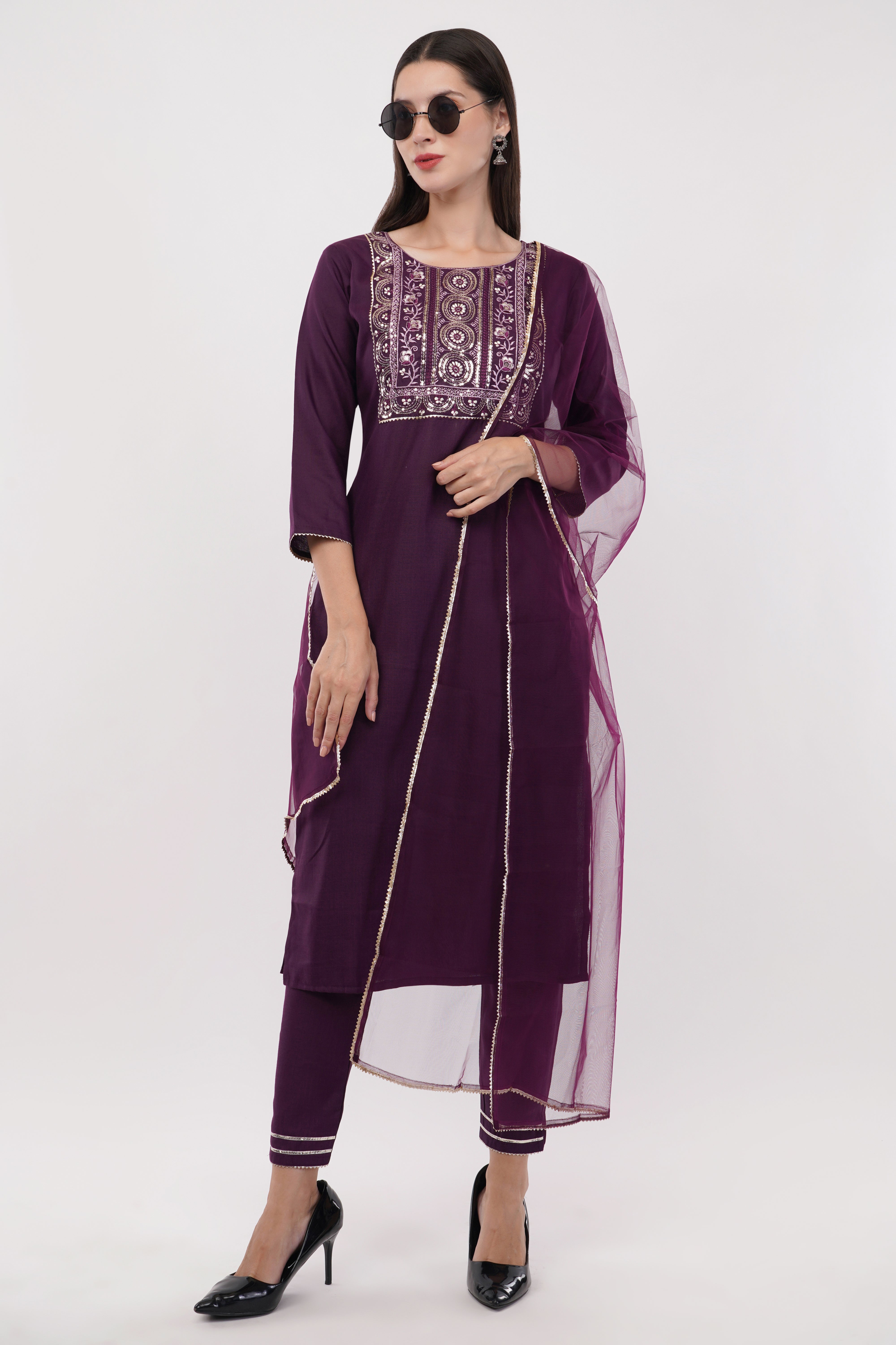 Purple Cotton Fabric Suit Set With Embroidered Yoke - Set Of 3