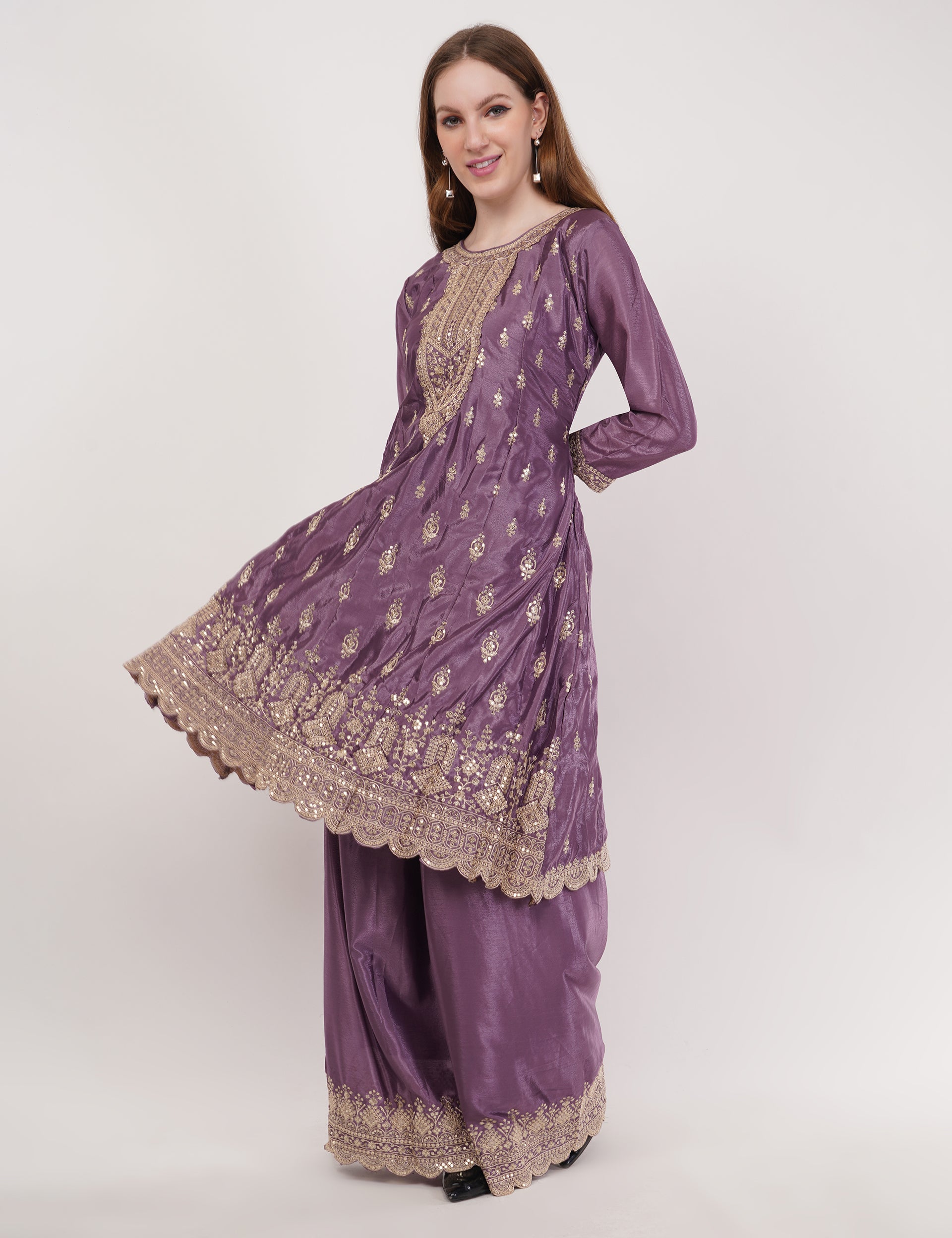 Purple Embroidered Suit With Flared Pants & Dupatta - Set Of 3