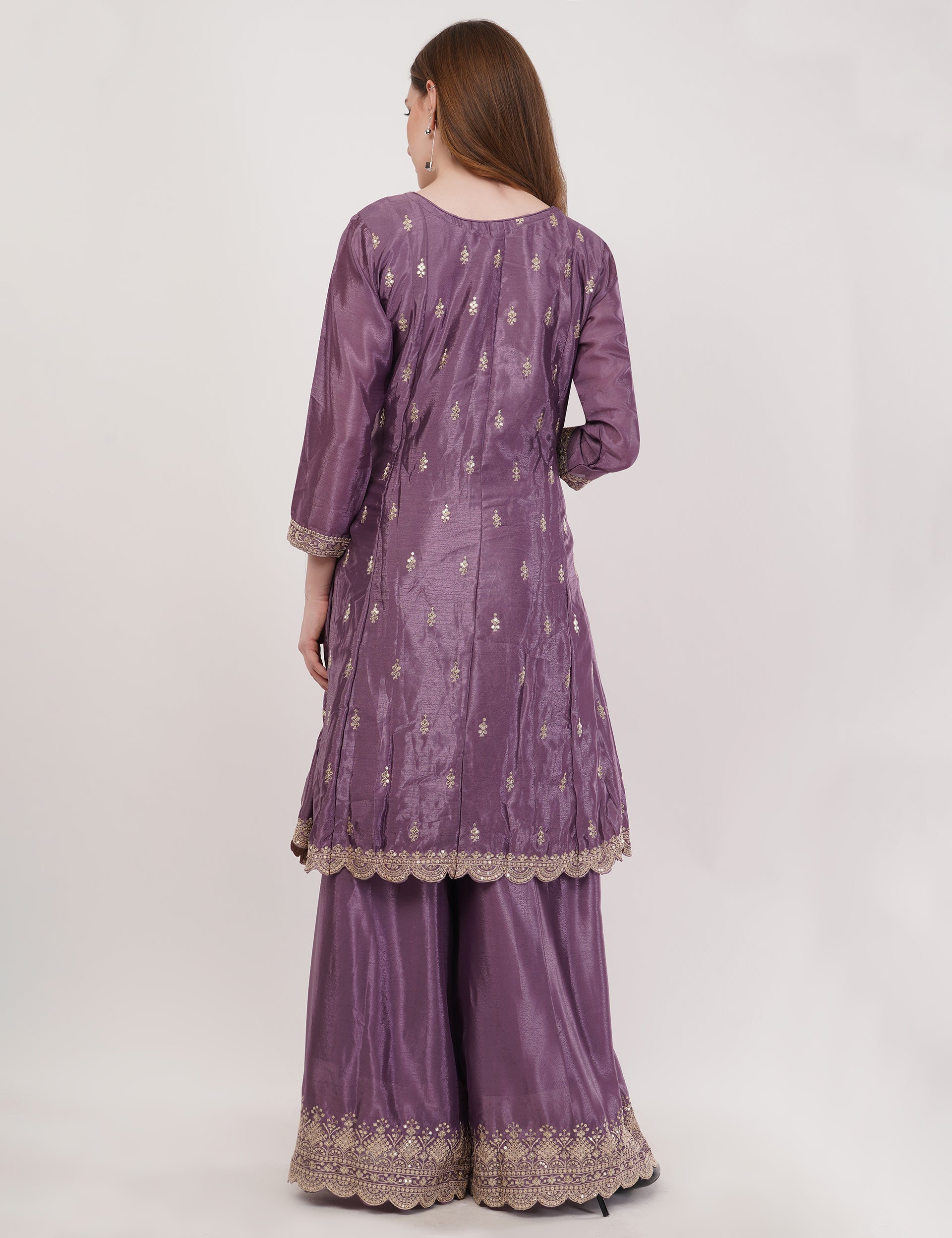 Purple Embroidered Suit With Flared Pants & Dupatta - Set Of 3