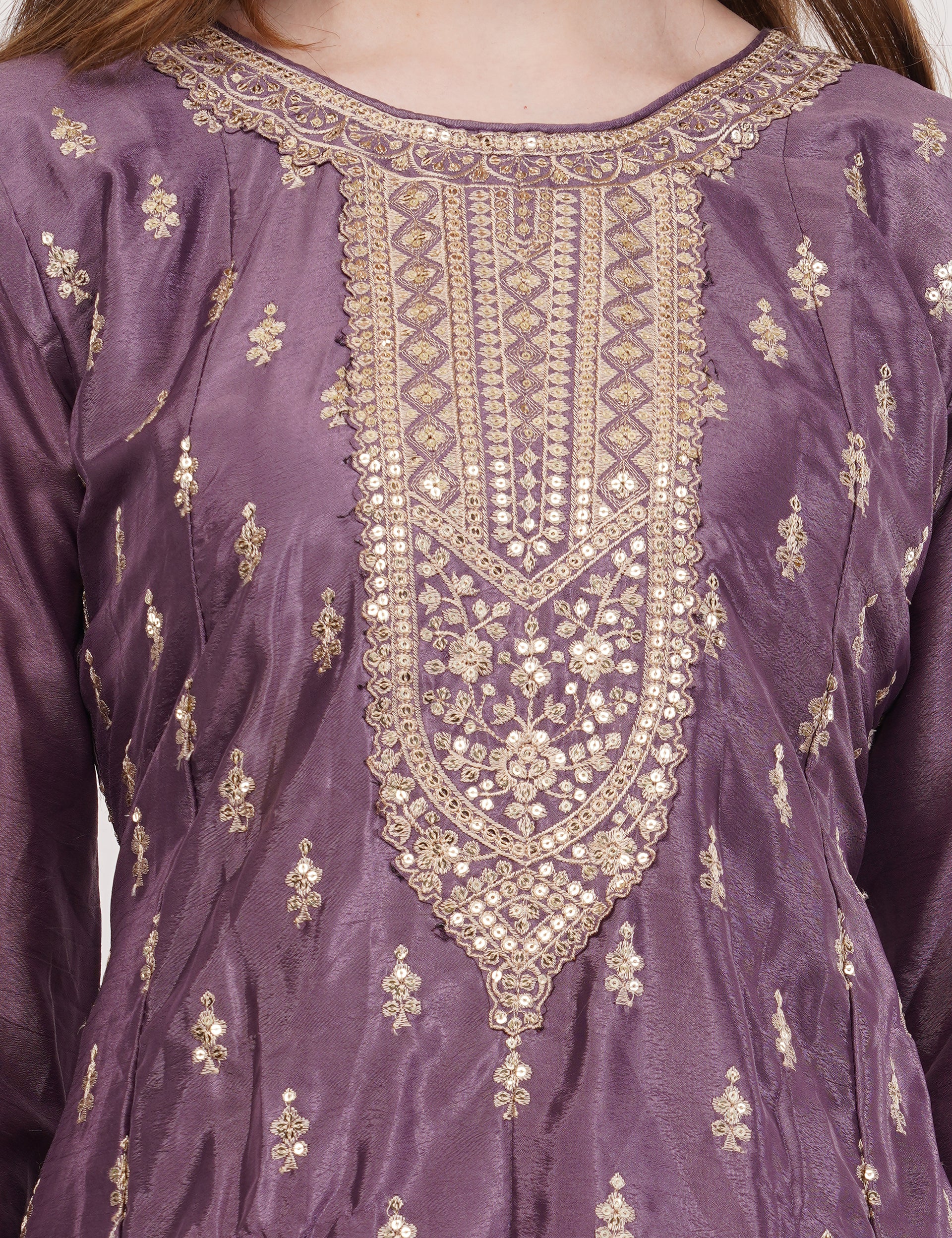 Purple Embroidered Suit With Flared Pants & Dupatta - Set Of 3