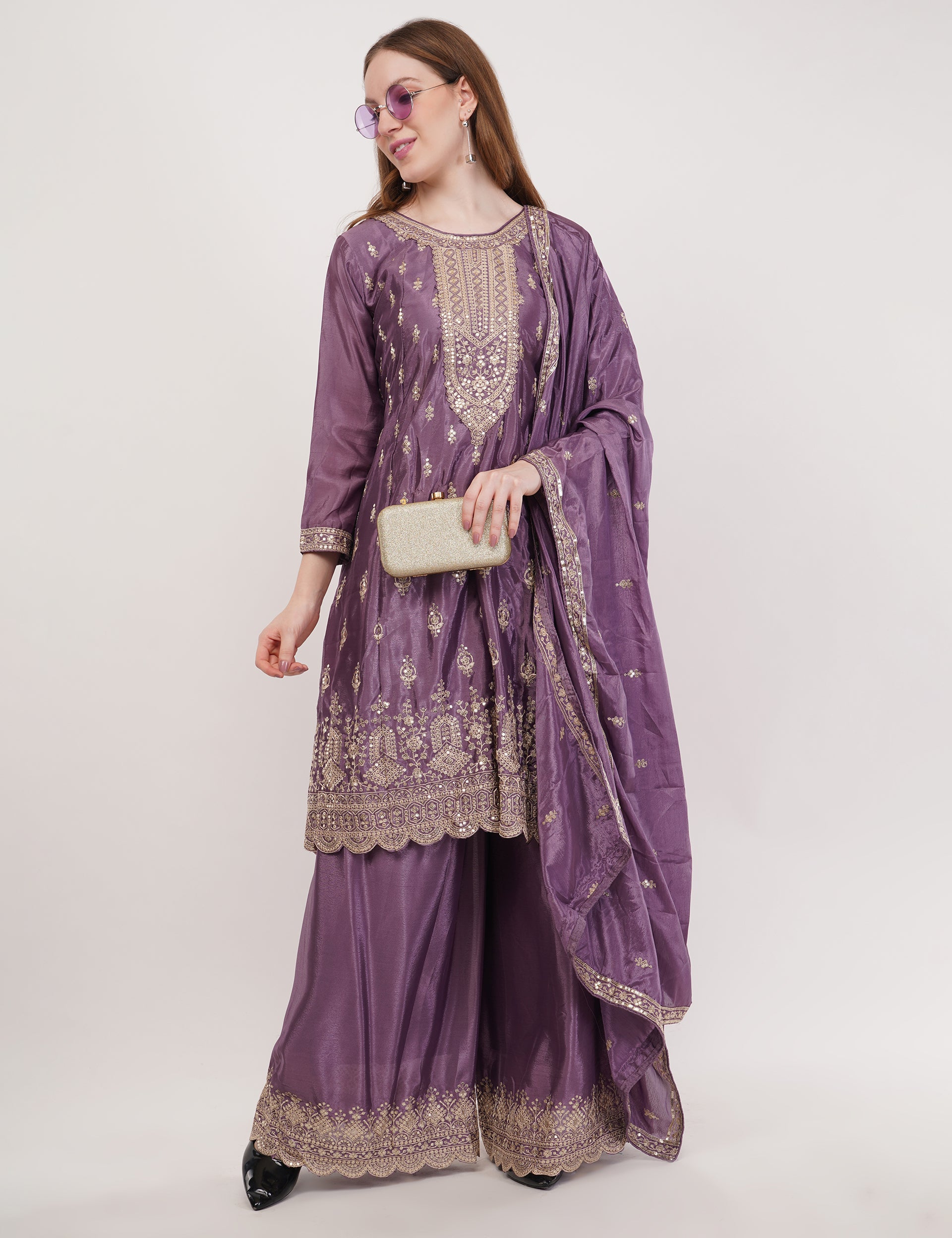 Purple Embroidered Suit With Flared Pants & Dupatta - Set Of 3
