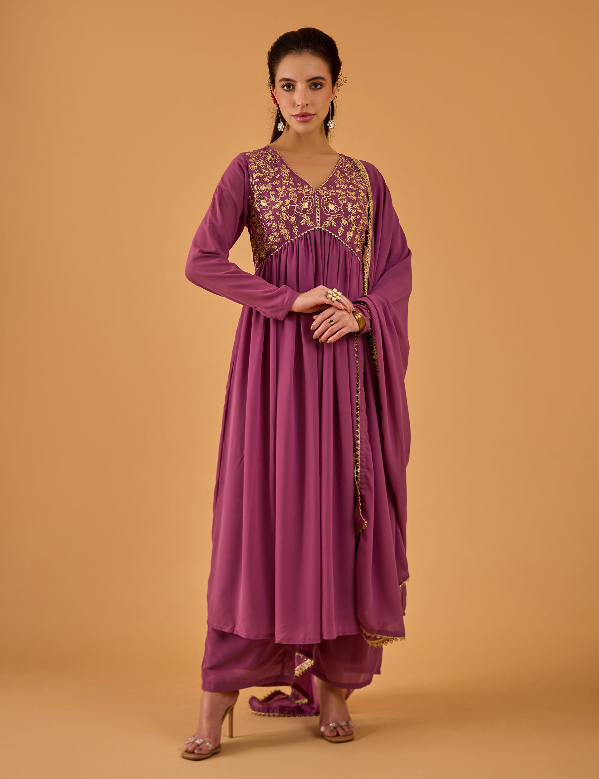 dhartii Solid Purple Embroidered Georgette Suit Set