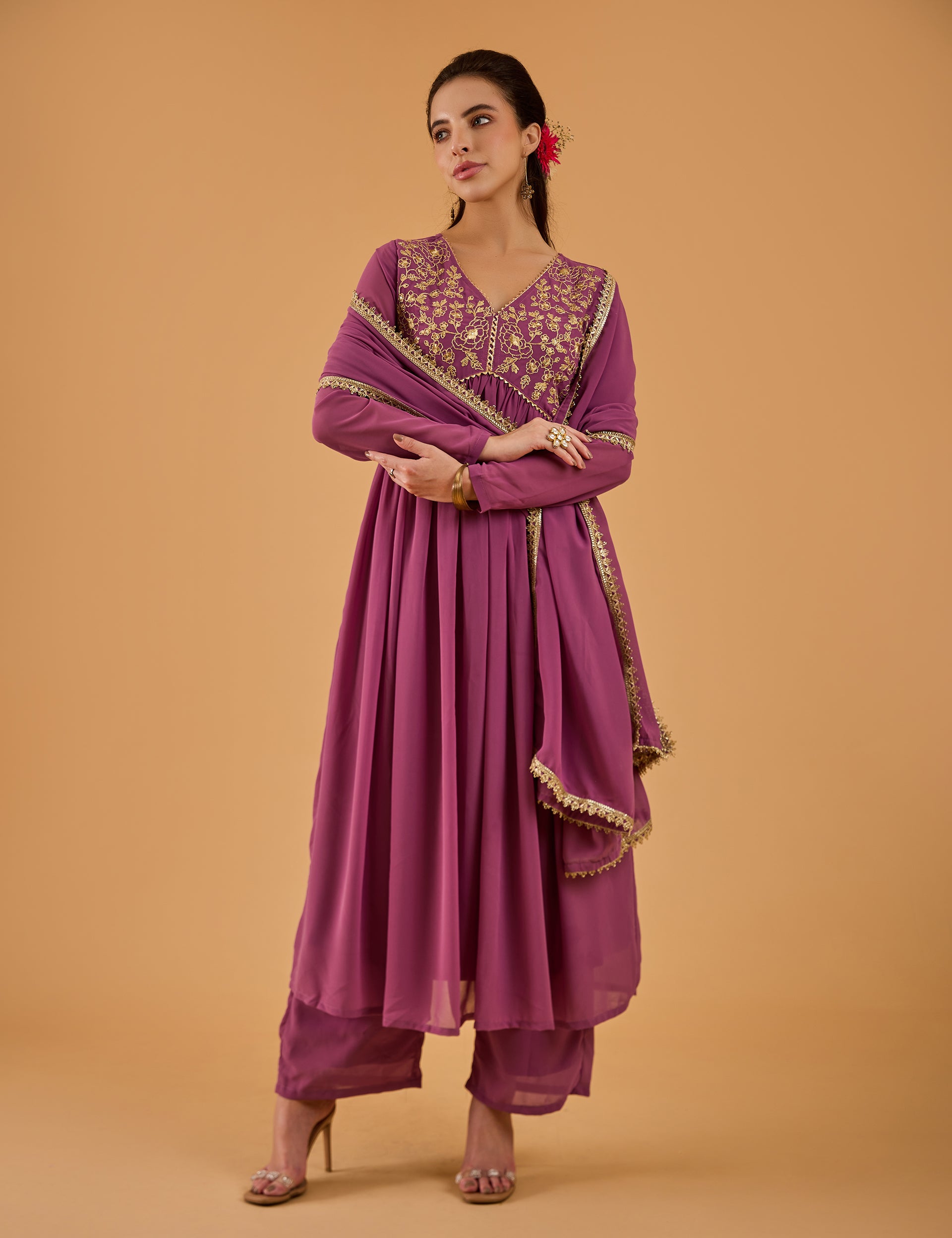 dhartii Solid Purple Embroidered Georgette Suit Set
