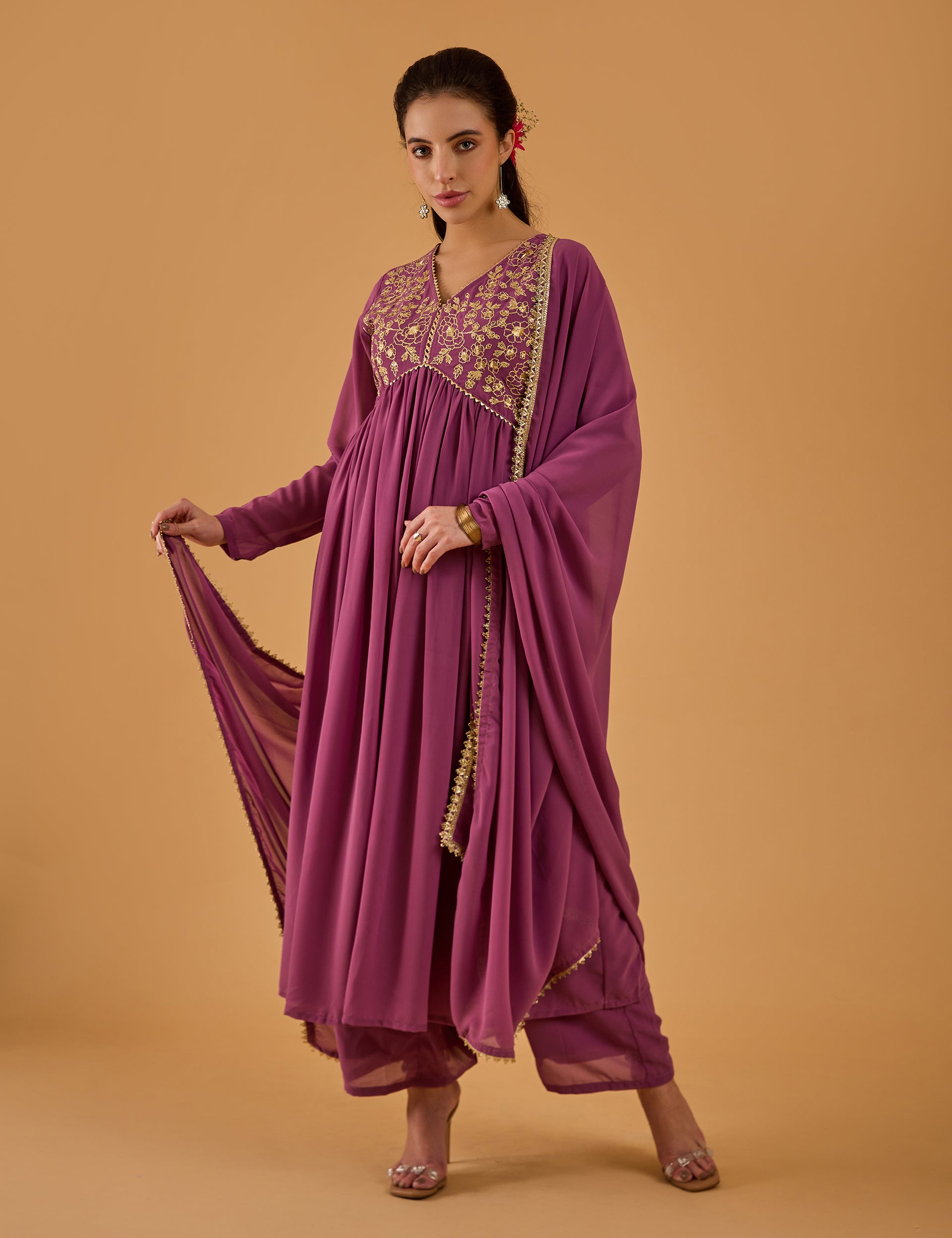 dhartii Solid Purple Embroidered Georgette Suit Set