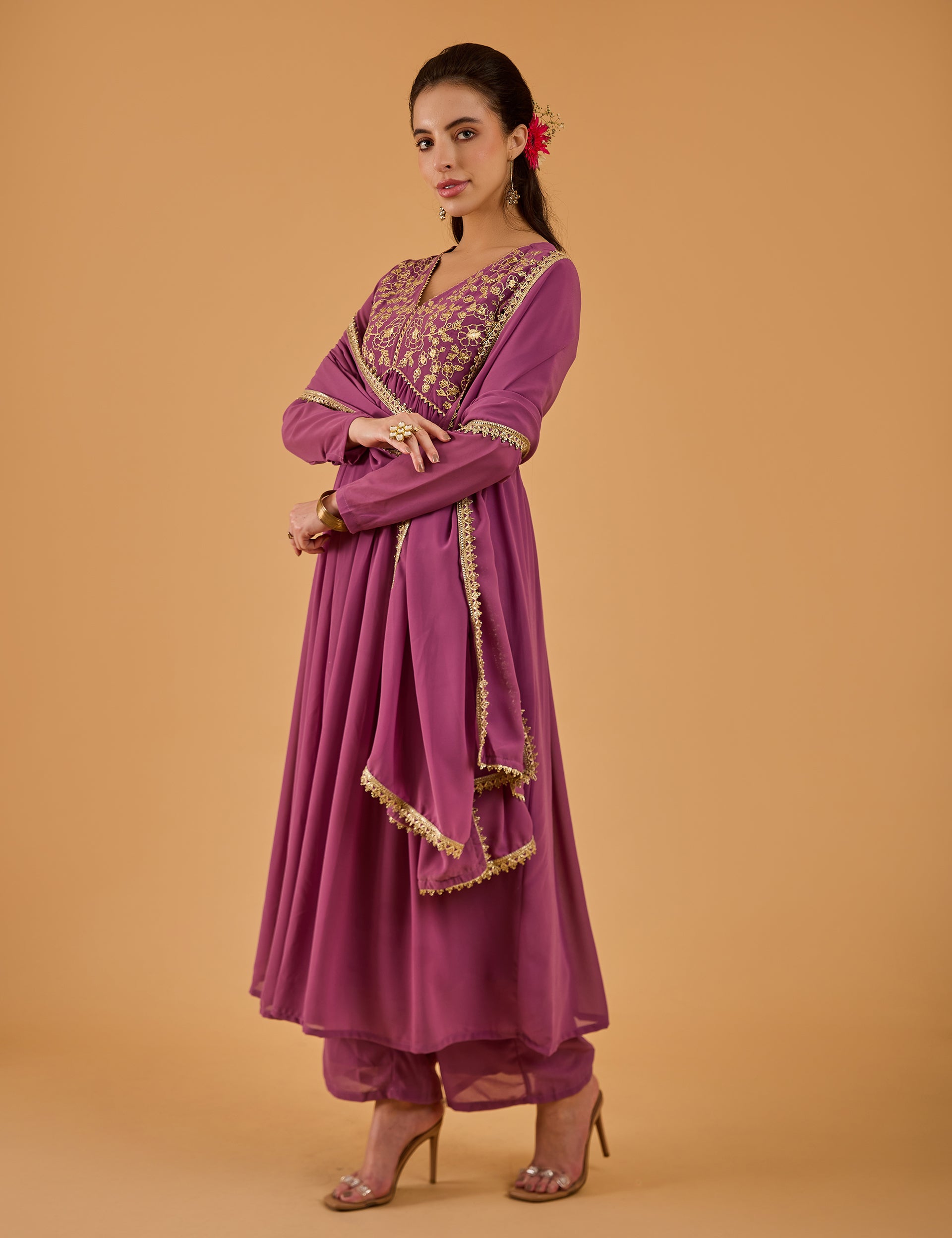dhartii Solid Purple Embroidered Georgette Suit Set