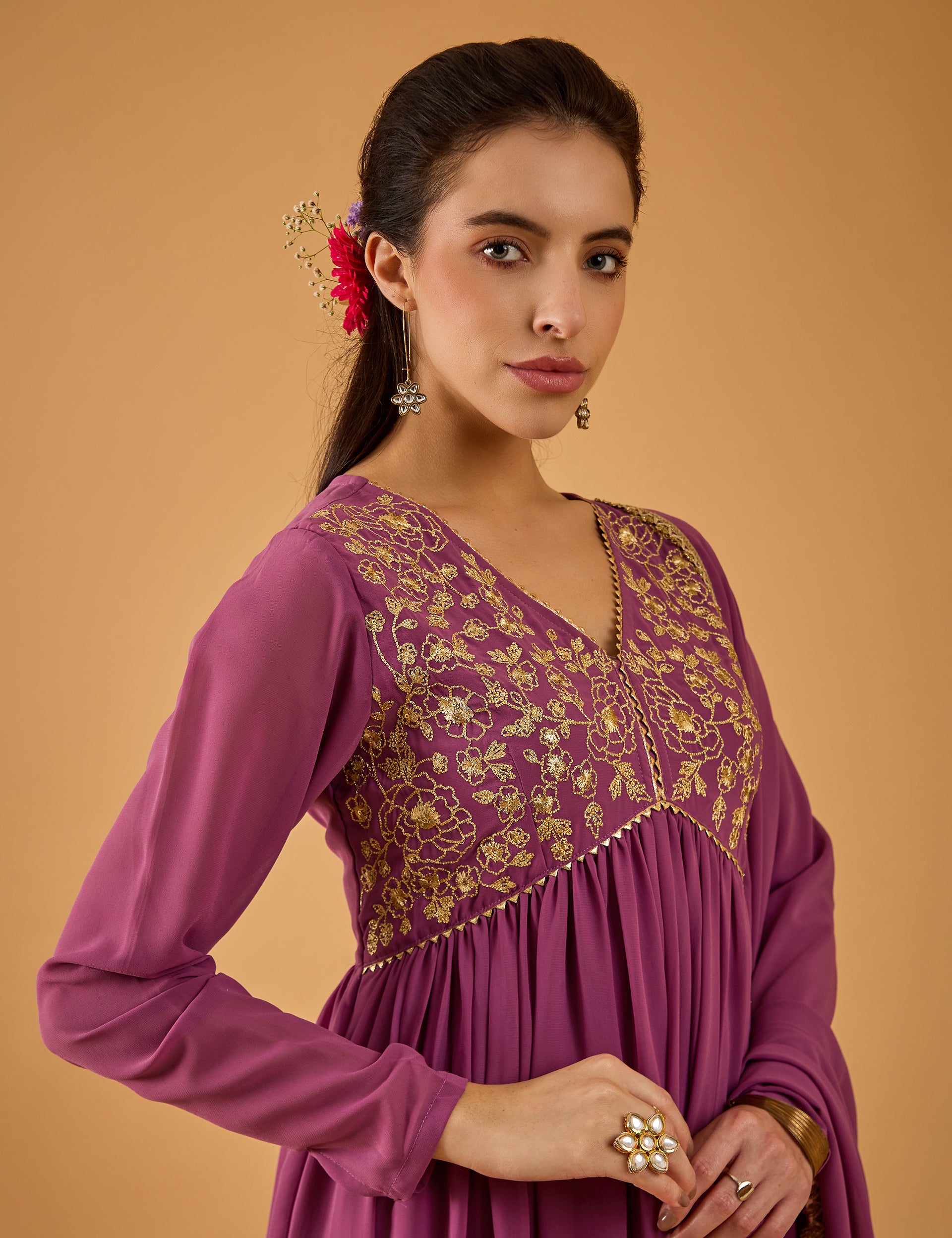 dhartii Solid Purple Embroidered Georgette Suit Set